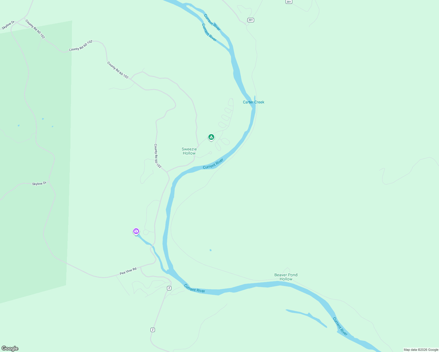 map of restaurants, bars, coffee shops, grocery stores, and more near County Road 60-102 in Van Buren
