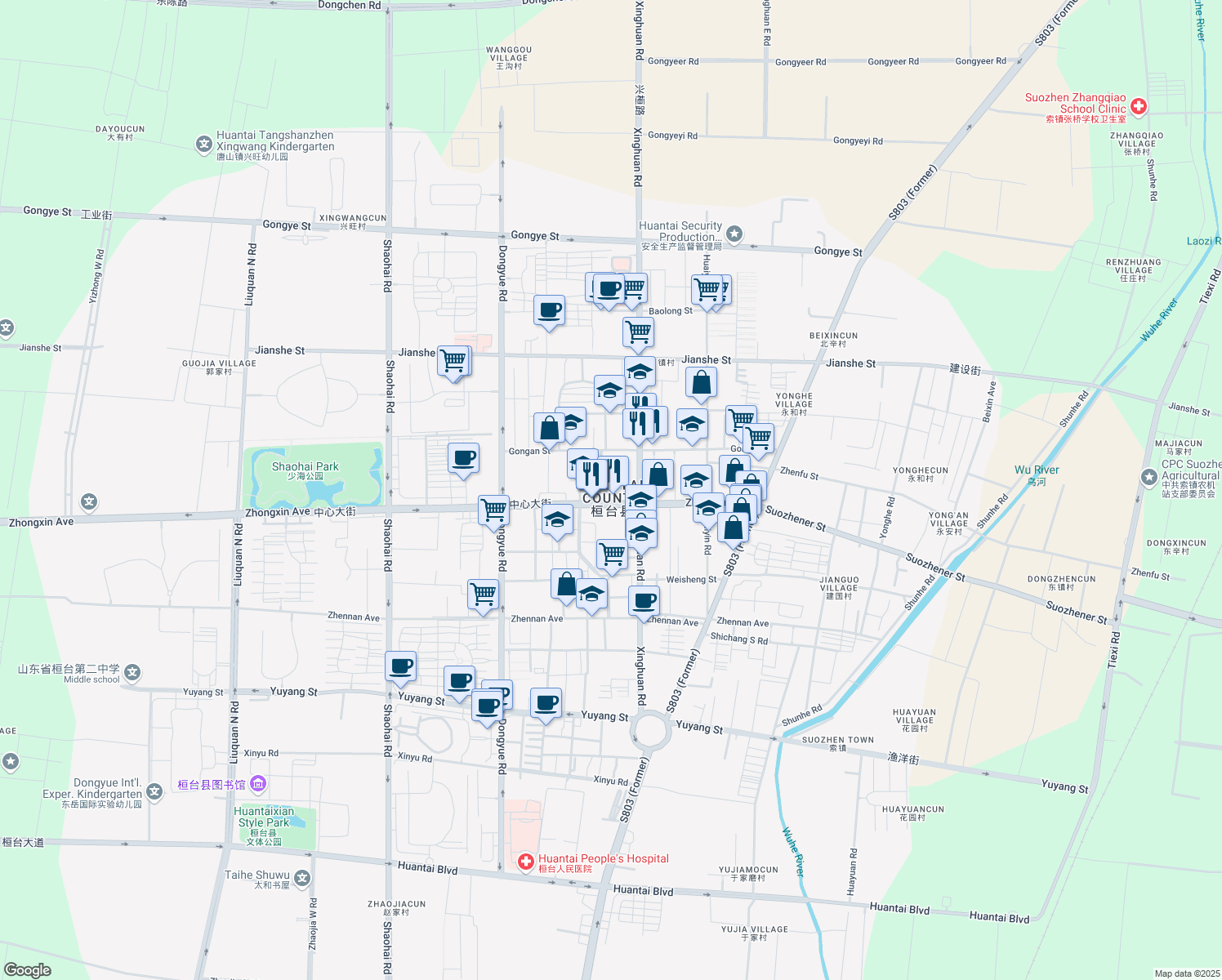 map of restaurants, bars, coffee shops, grocery stores, and more near in Zibo