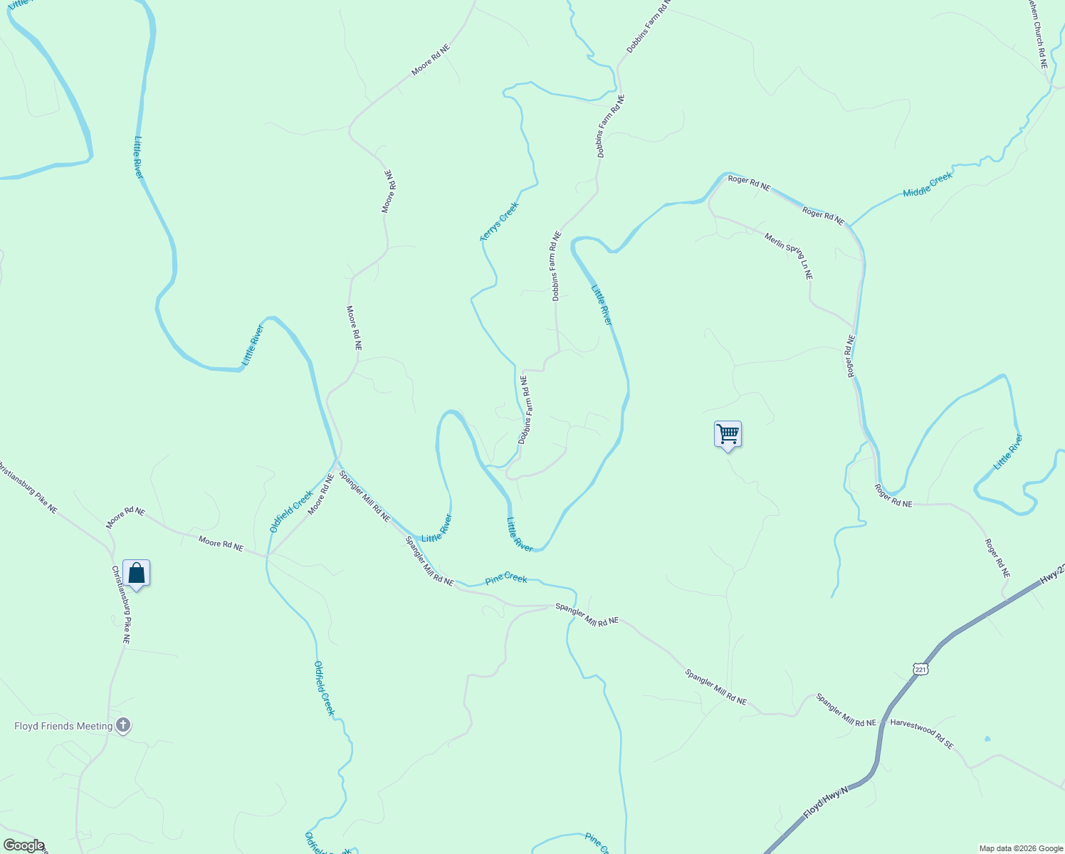 map of restaurants, bars, coffee shops, grocery stores, and more near 1003 Dobbins Farm Road Northeast in Floyd