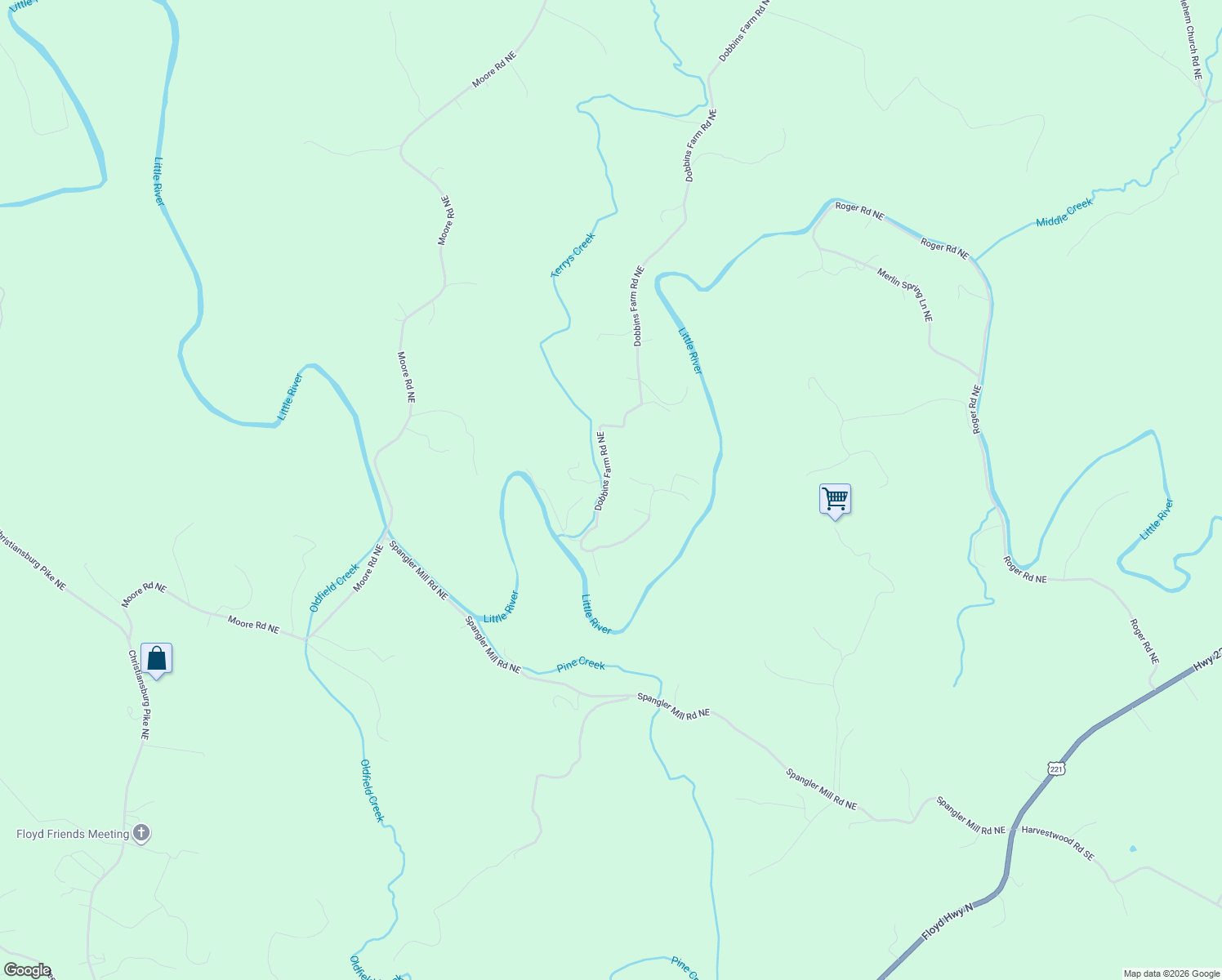 map of restaurants, bars, coffee shops, grocery stores, and more near 1003 Dobbins Farm Road Northeast in Floyd