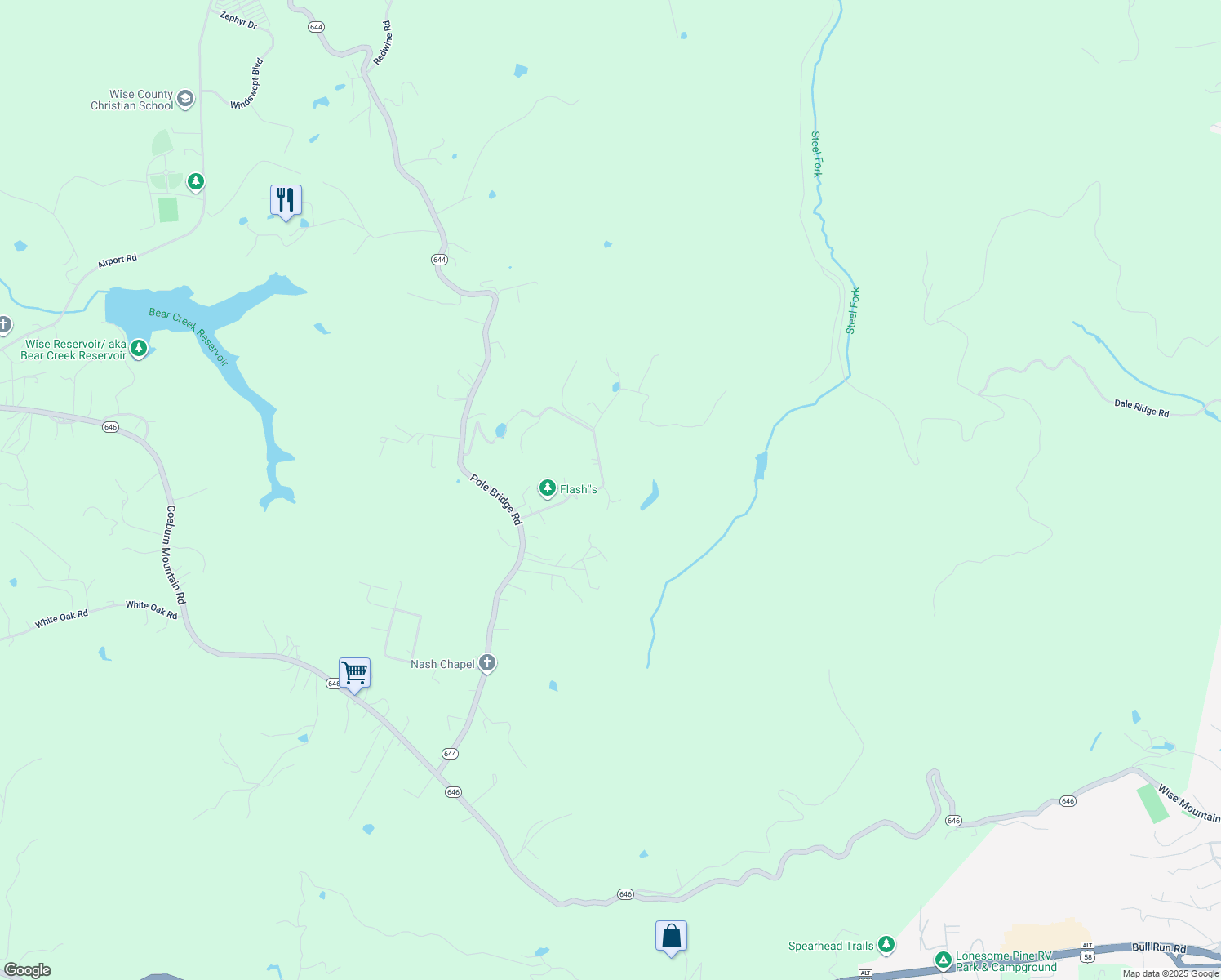 map of restaurants, bars, coffee shops, grocery stores, and more near 10902 Mountain View Road in Wise