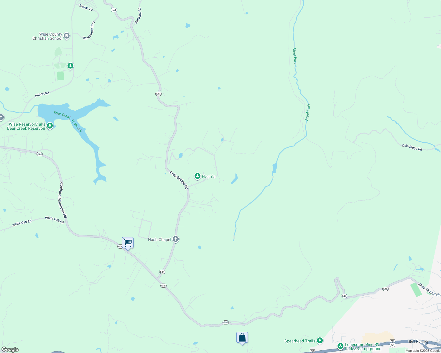 map of restaurants, bars, coffee shops, grocery stores, and more near 10902 Mountain View Road in Wise