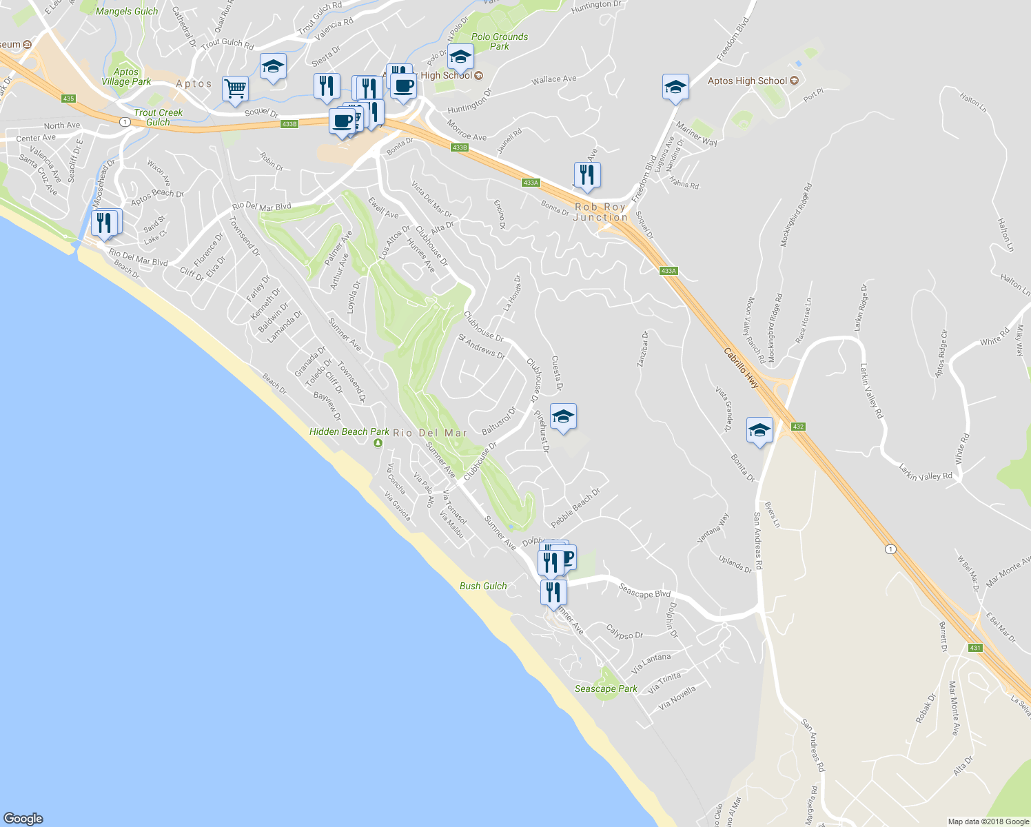 map of restaurants, bars, coffee shops, grocery stores, and more near 311 Baltusrol Drive in Aptos