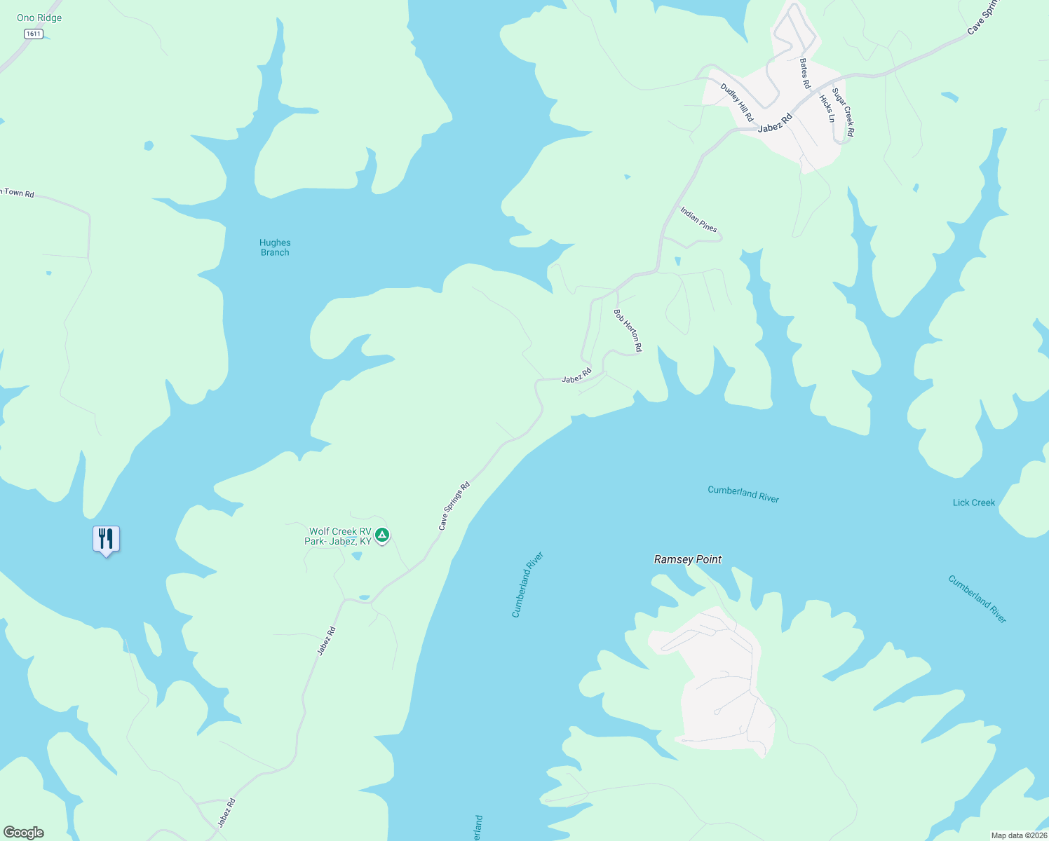 map of restaurants, bars, coffee shops, grocery stores, and more near Cave Springs Road in Monticello