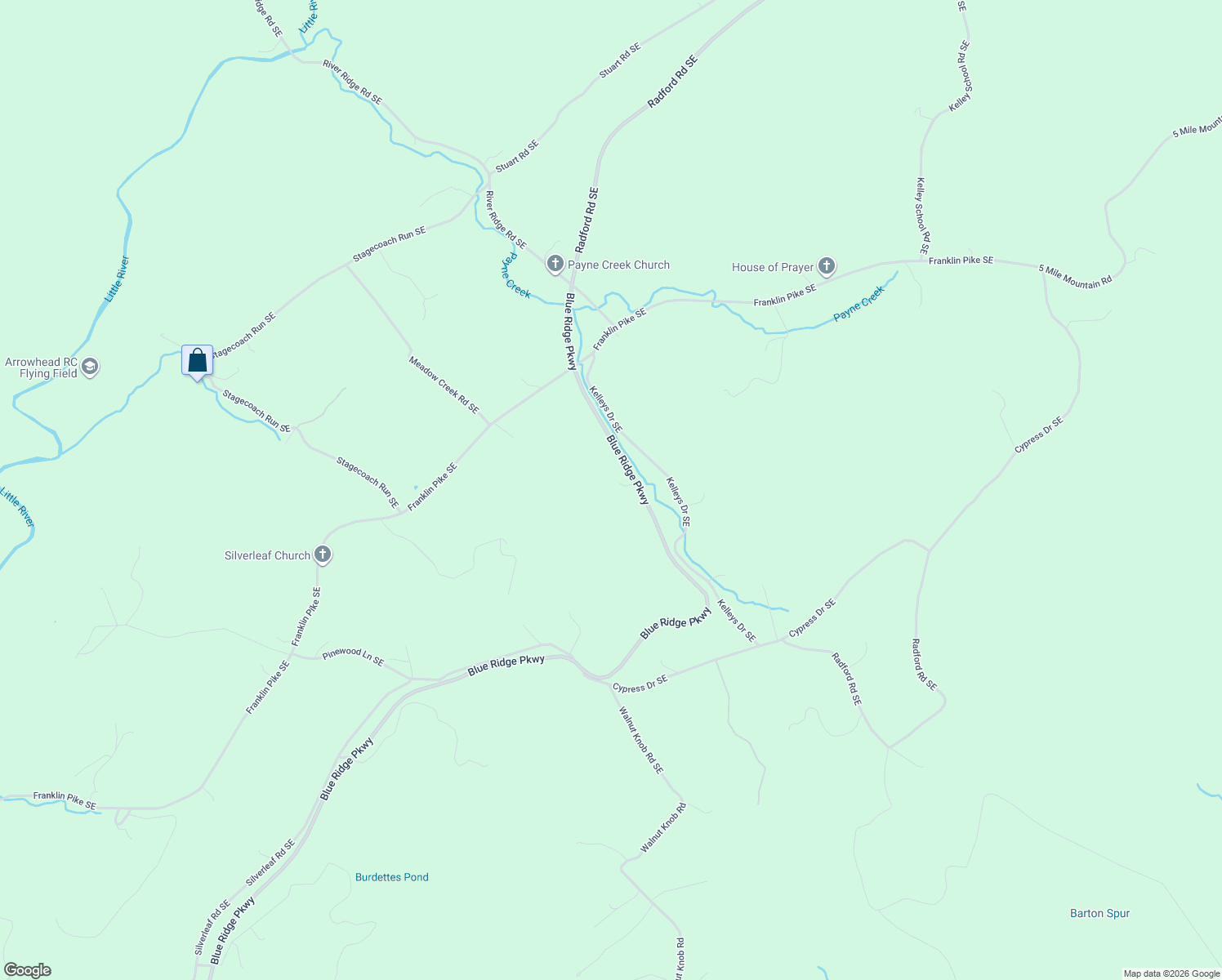 map of restaurants, bars, coffee shops, grocery stores, and more near 1512 Blue Ridge Parkway in Floyd