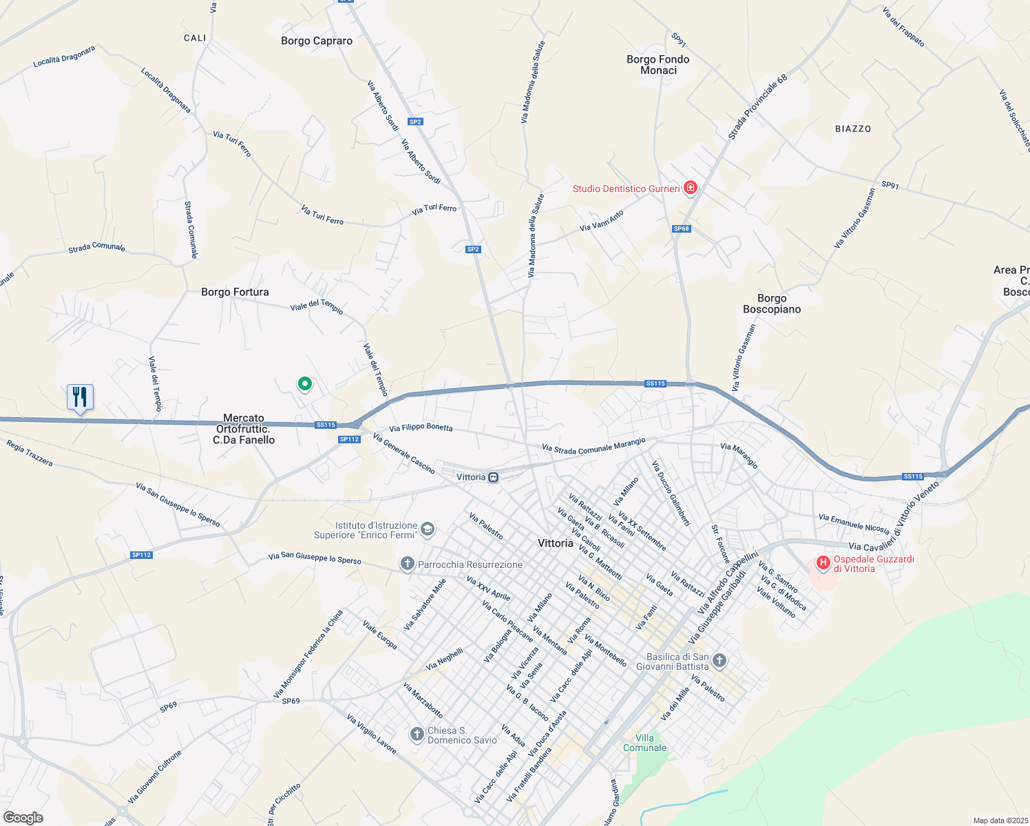 map of restaurants, bars, coffee shops, grocery stores, and more near 46 Via Strada per Acate in Vittoria