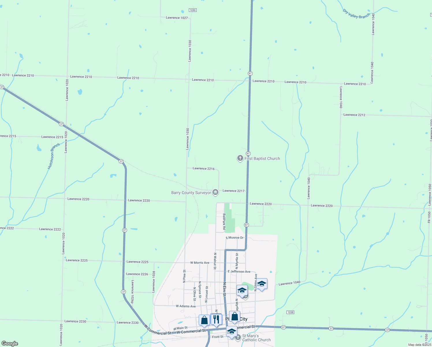 map of restaurants, bars, coffee shops, grocery stores, and more near 21551 Lawrence 1032 in Pierce City