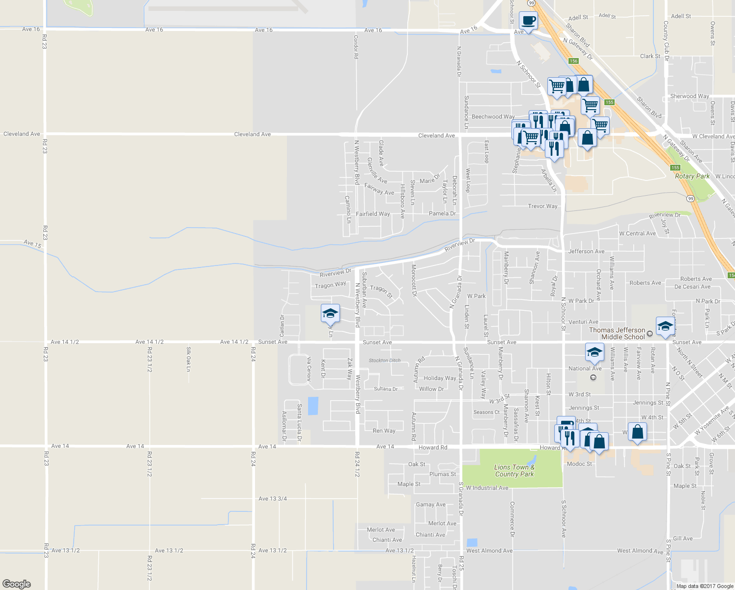 map of restaurants, bars, coffee shops, grocery stores, and more near 905 Suburban Avenue in Madera