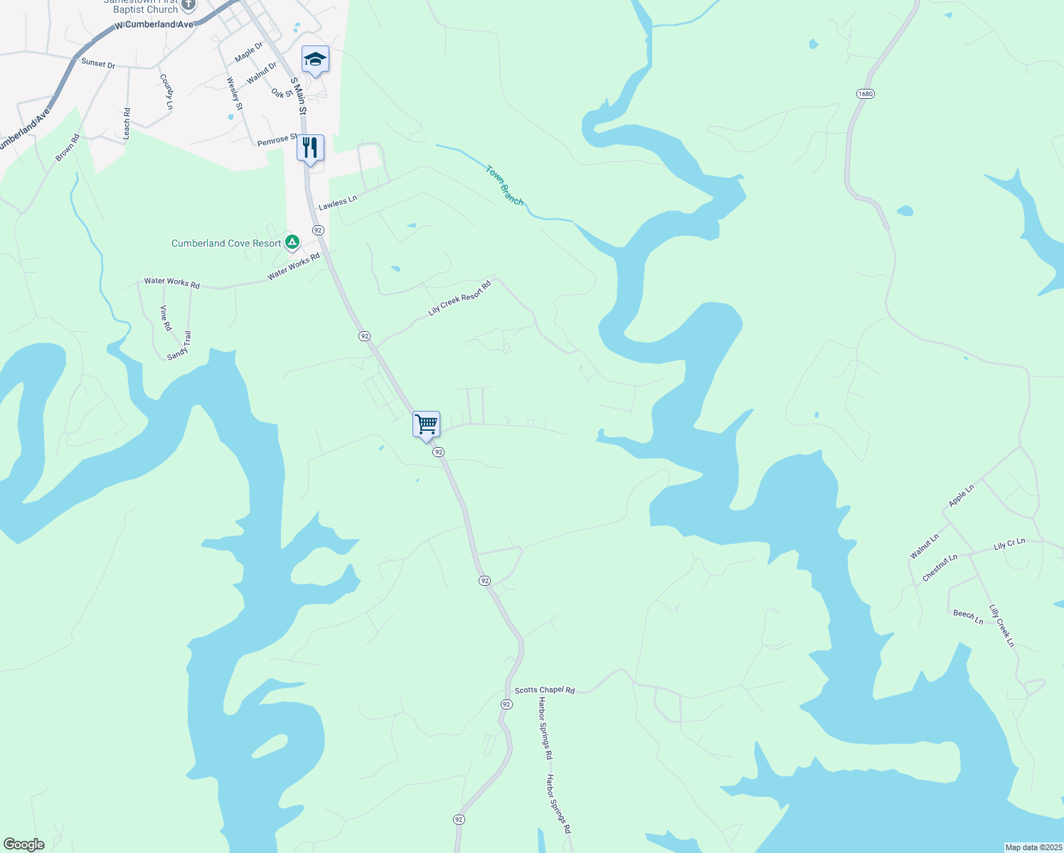 map of restaurants, bars, coffee shops, grocery stores, and more near Little Louisville Rd in Jamestown