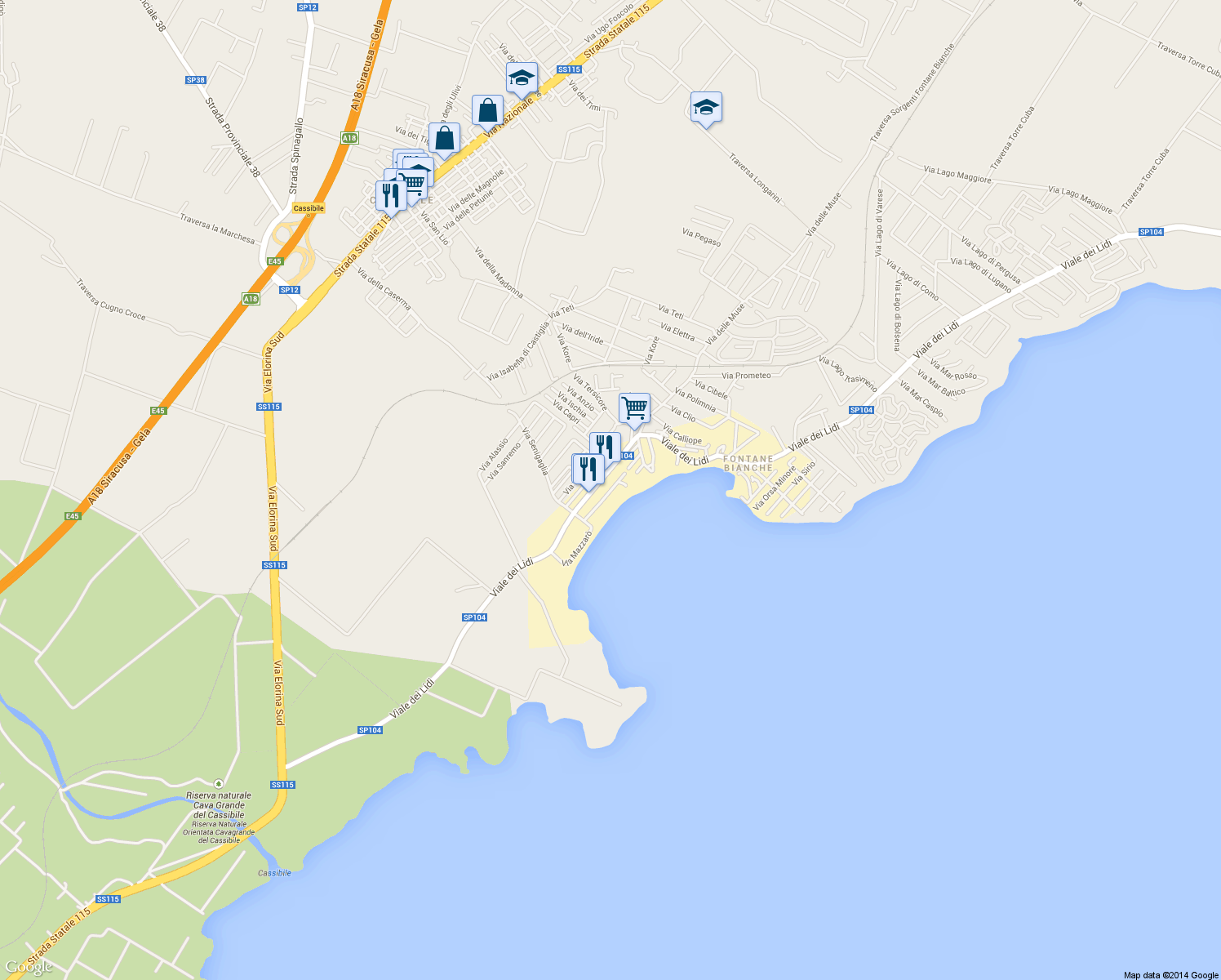 map of restaurants, bars, coffee shops, grocery stores, and more near 31 Via Taormina in Fontane Bianche