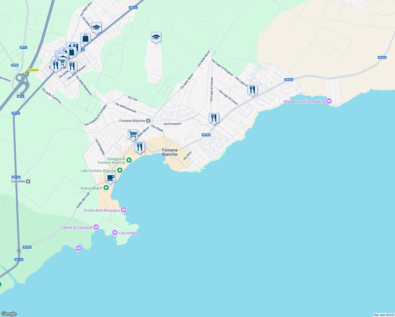 map of restaurants, bars, coffee shops, grocery stores, and more near 11 Via Polluce Fontane Bianche in Fontane Bianche