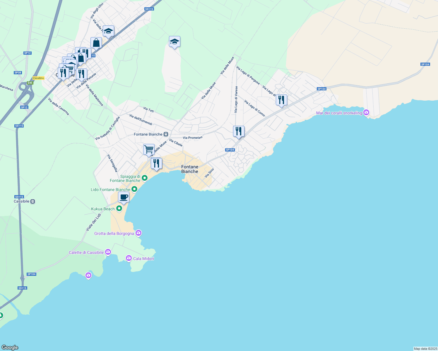 map of restaurants, bars, coffee shops, grocery stores, and more near 11 Via Polluce Fontane Bianche in Fontane Bianche