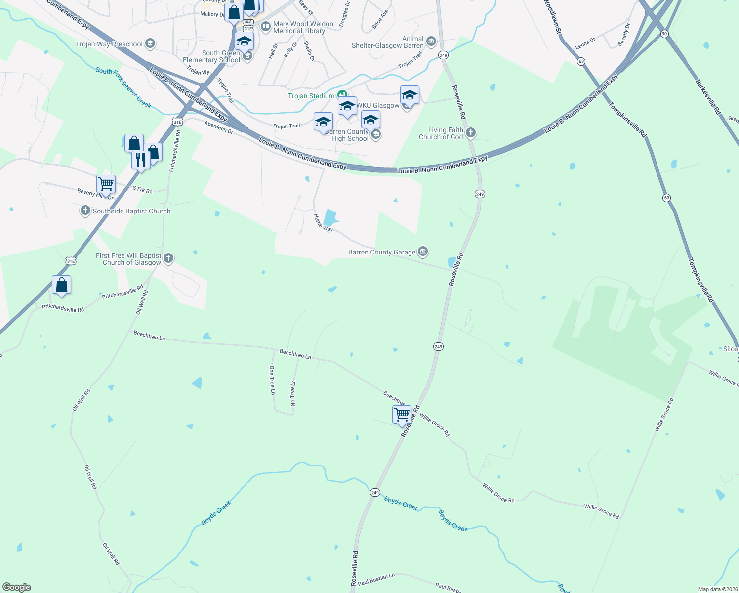 map of restaurants, bars, coffee shops, grocery stores, and more near 297 County Barn Road in Glasgow