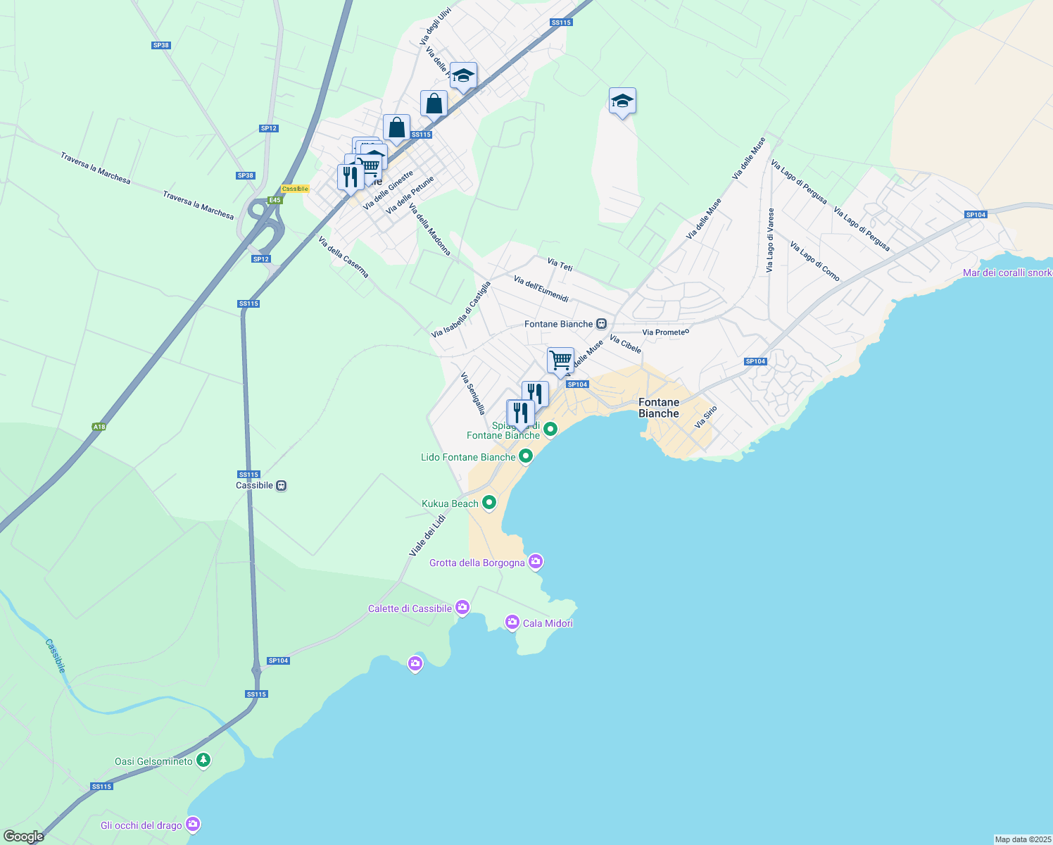 map of restaurants, bars, coffee shops, grocery stores, and more near 5 Via Grado in Fontane Bianche