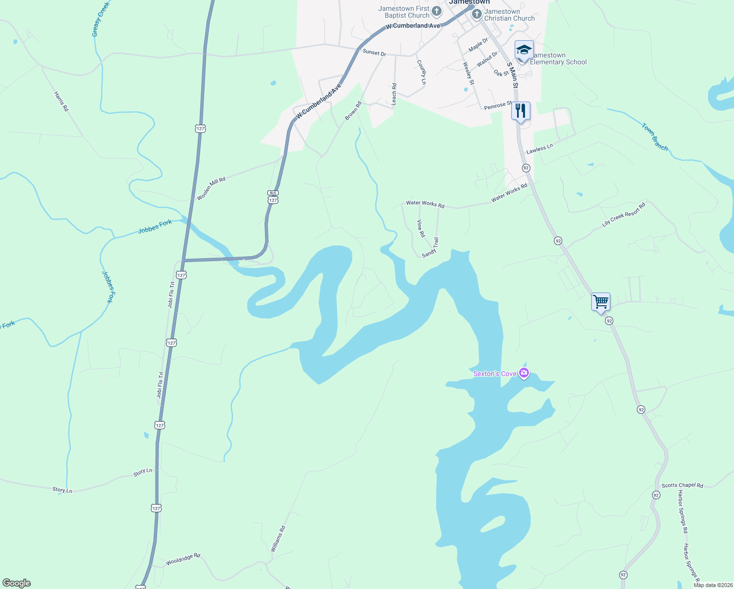 map of restaurants, bars, coffee shops, grocery stores, and more near Lancaster Drive in Jamestown