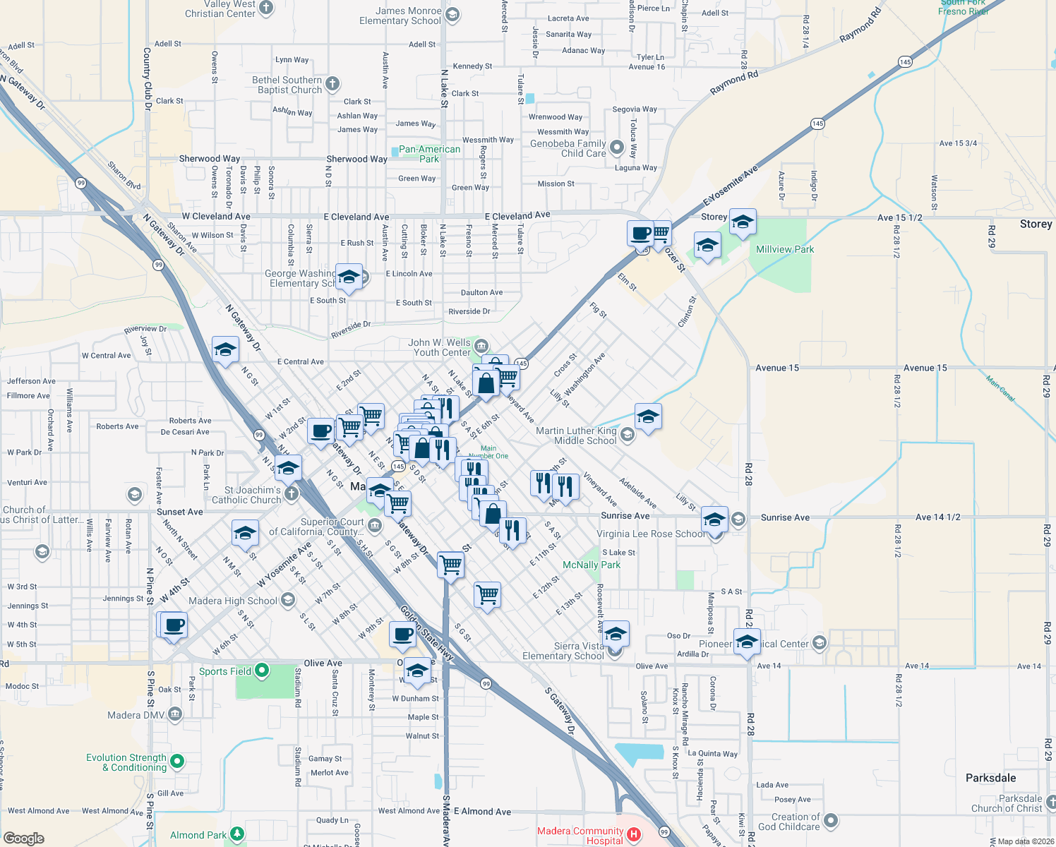 map of restaurants, bars, coffee shops, grocery stores, and more near 224 Vineyard Avenue in Madera