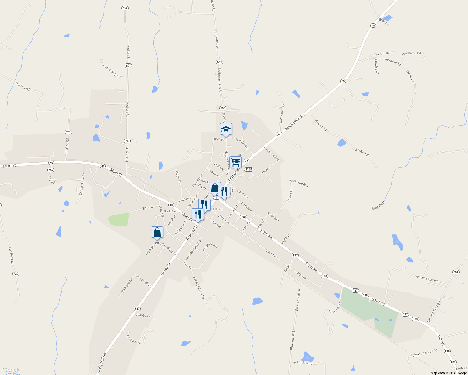 map of restaurants, bars, coffee shops, grocery stores, and more near 207 East 3rd Avenue in Kenbridge