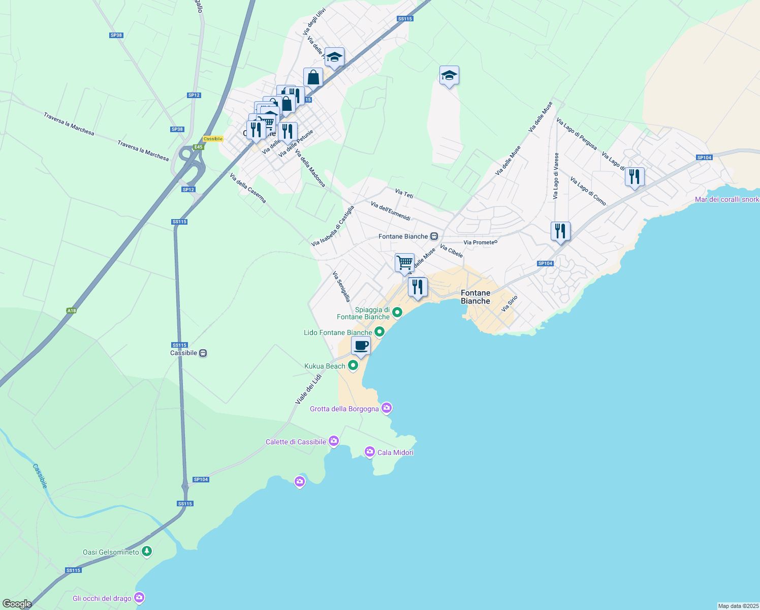 map of restaurants, bars, coffee shops, grocery stores, and more near 5 Via Grado in Fontane Bianche