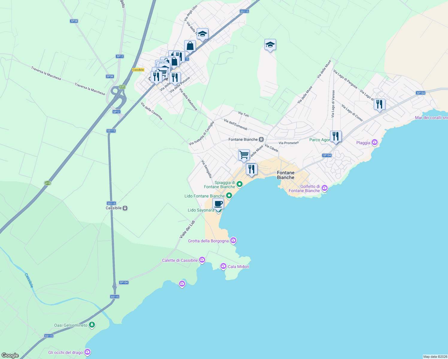 map of restaurants, bars, coffee shops, grocery stores, and more near 6 Via Mondello in Fontane Bianche