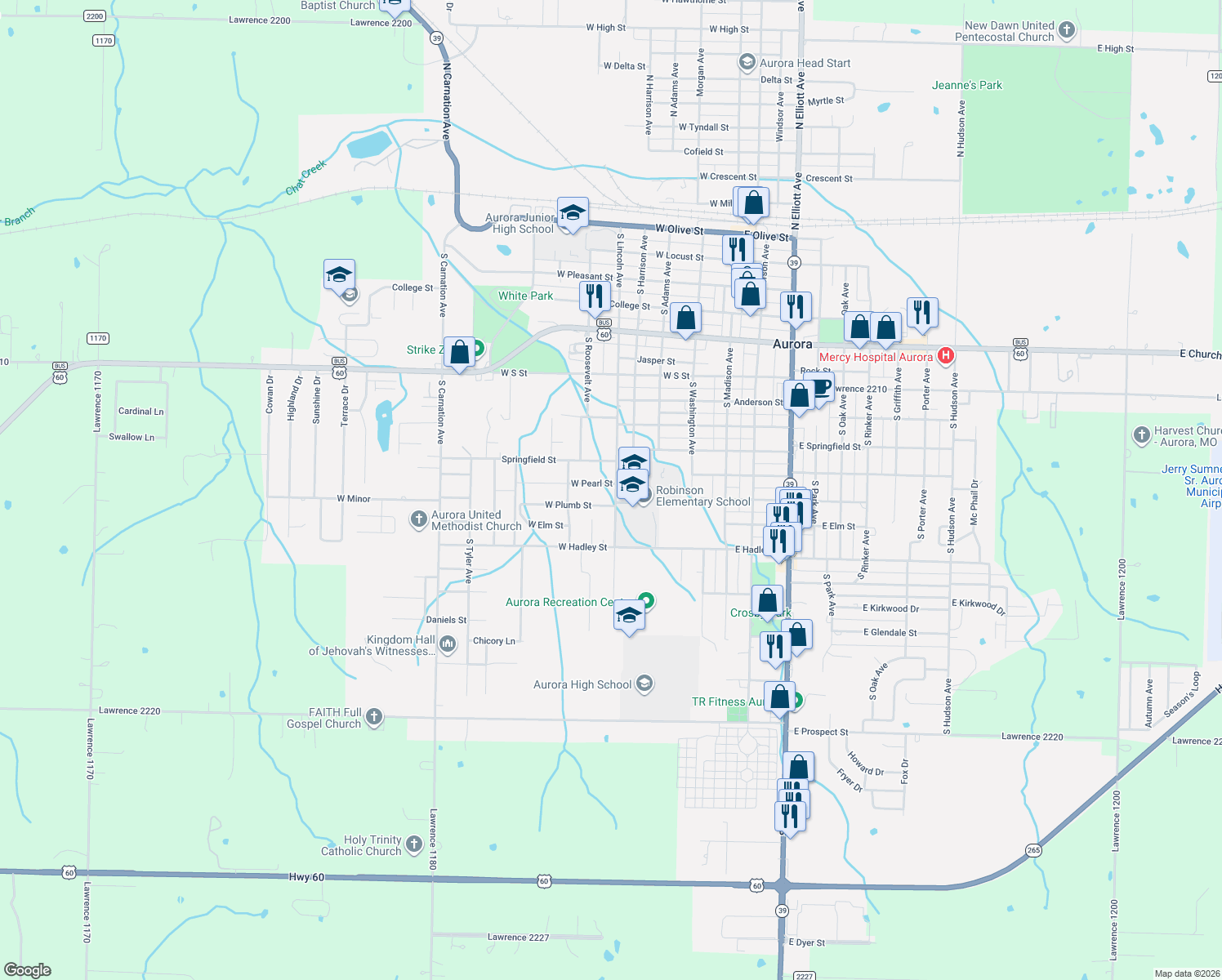 map of restaurants, bars, coffee shops, grocery stores, and more near 1001 South Lincoln Avenue in Aurora