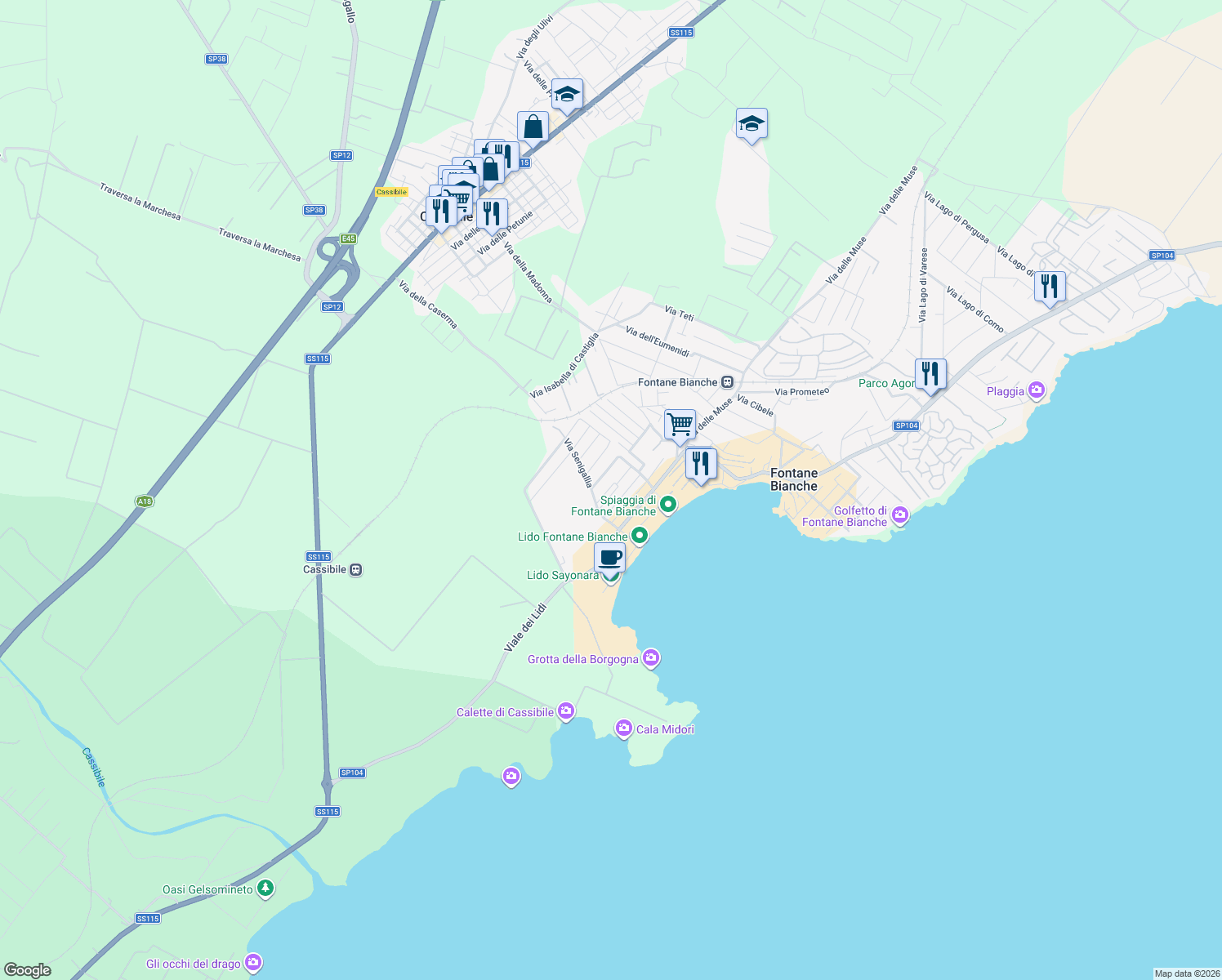 map of restaurants, bars, coffee shops, grocery stores, and more near 6 Via Mondello in Fontane Bianche