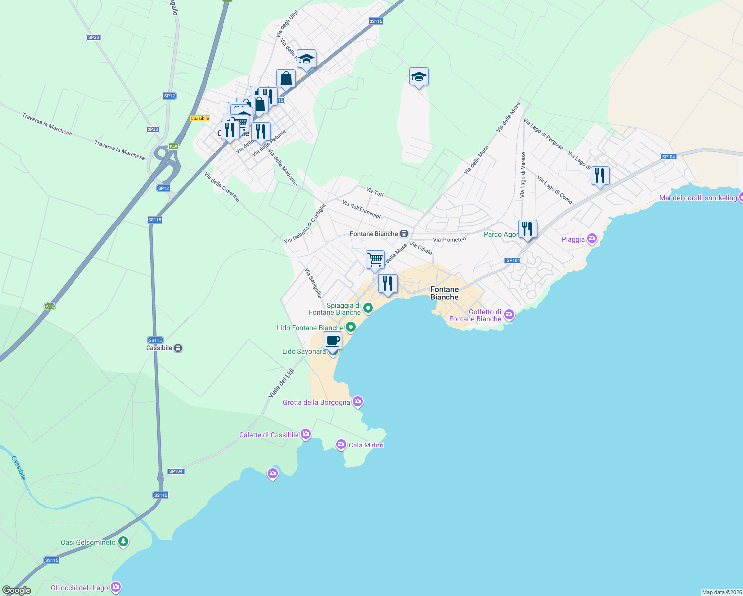 map of restaurants, bars, coffee shops, grocery stores, and more near 31 Via Taormina in Fontane Bianche