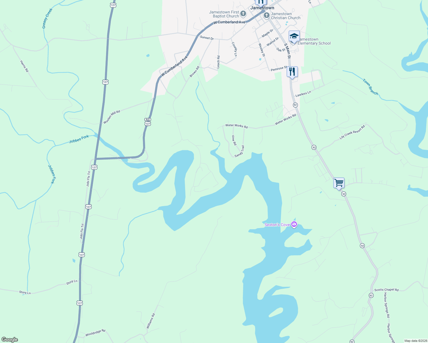 map of restaurants, bars, coffee shops, grocery stores, and more near Lancaster Drive in Jamestown