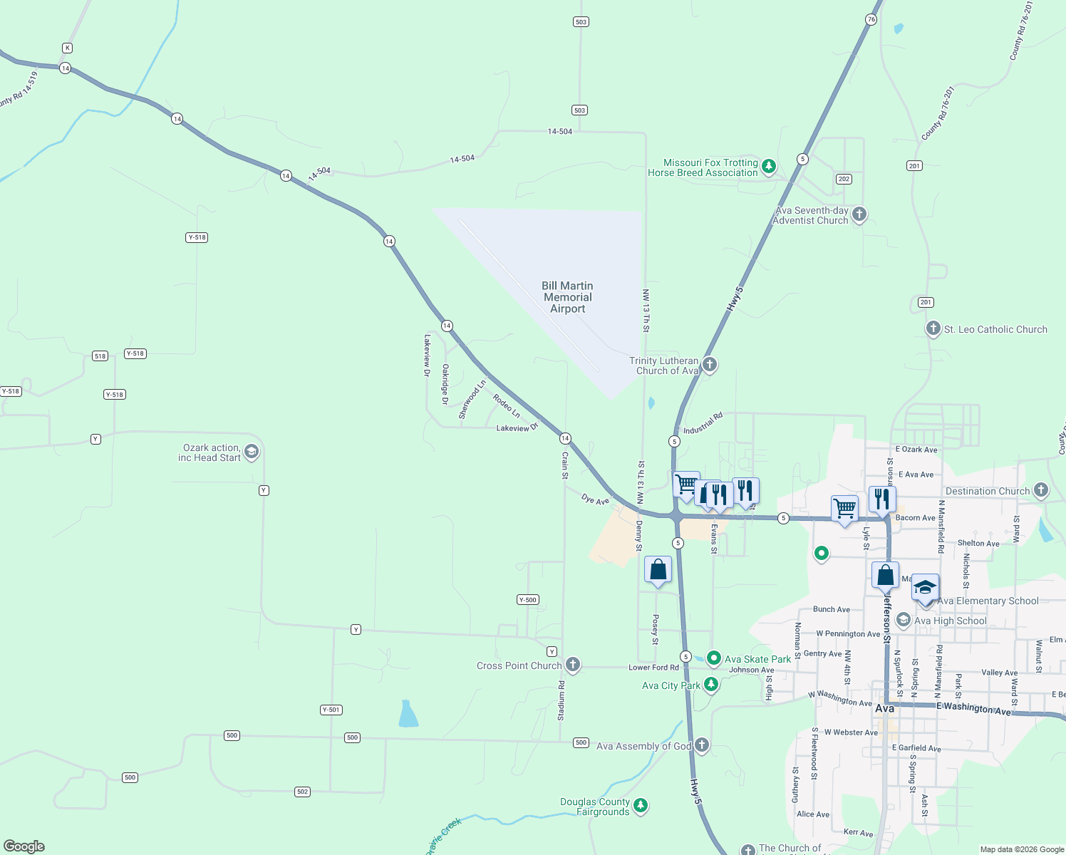 map of restaurants, bars, coffee shops, grocery stores, and more near 114 Rodeo Ln in Ava