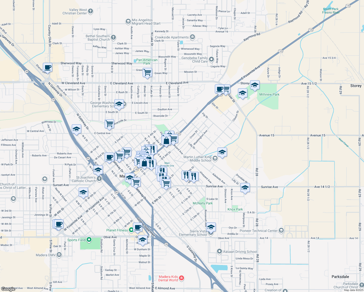 map of restaurants, bars, coffee shops, grocery stores, and more near 714 East 6th Street in Madera