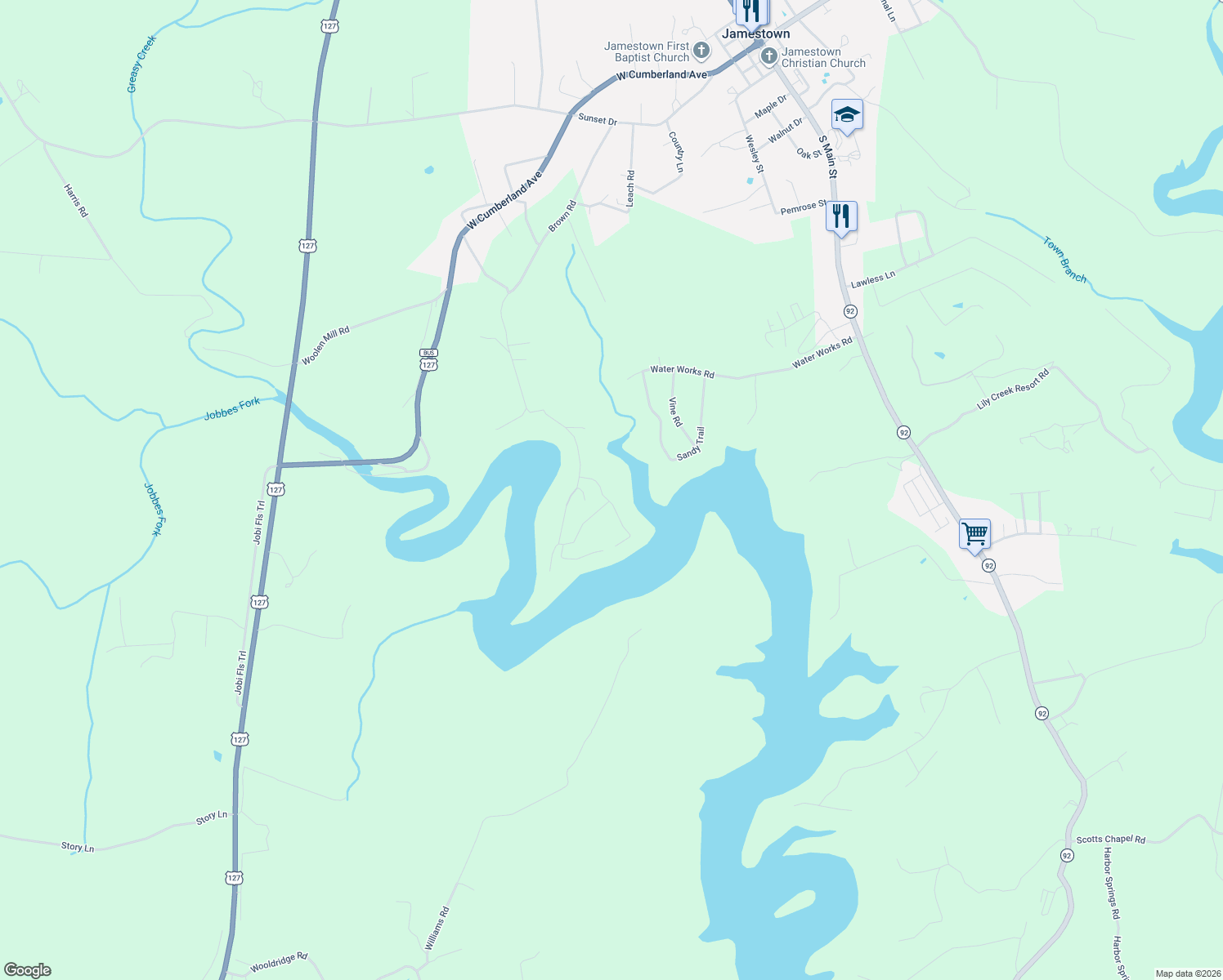 map of restaurants, bars, coffee shops, grocery stores, and more near 93 Laurel Road in Jamestown