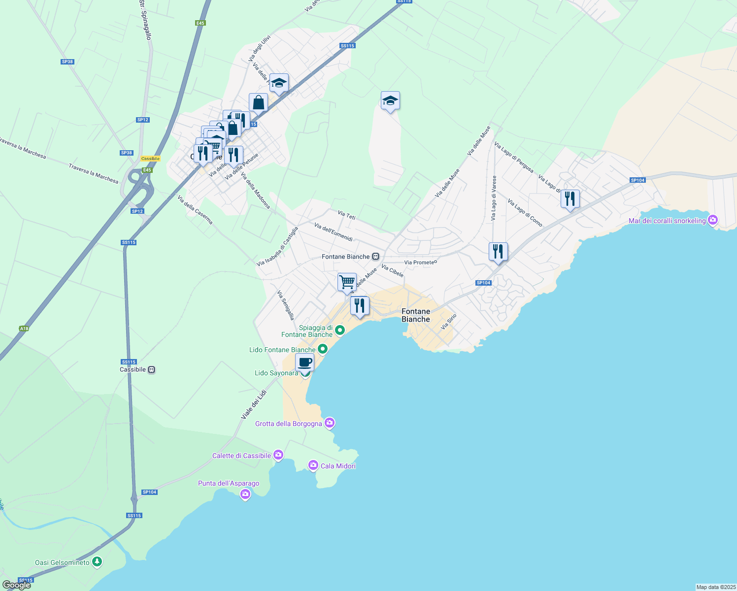 map of restaurants, bars, coffee shops, grocery stores, and more near Via Calliope in Fontane Bianche