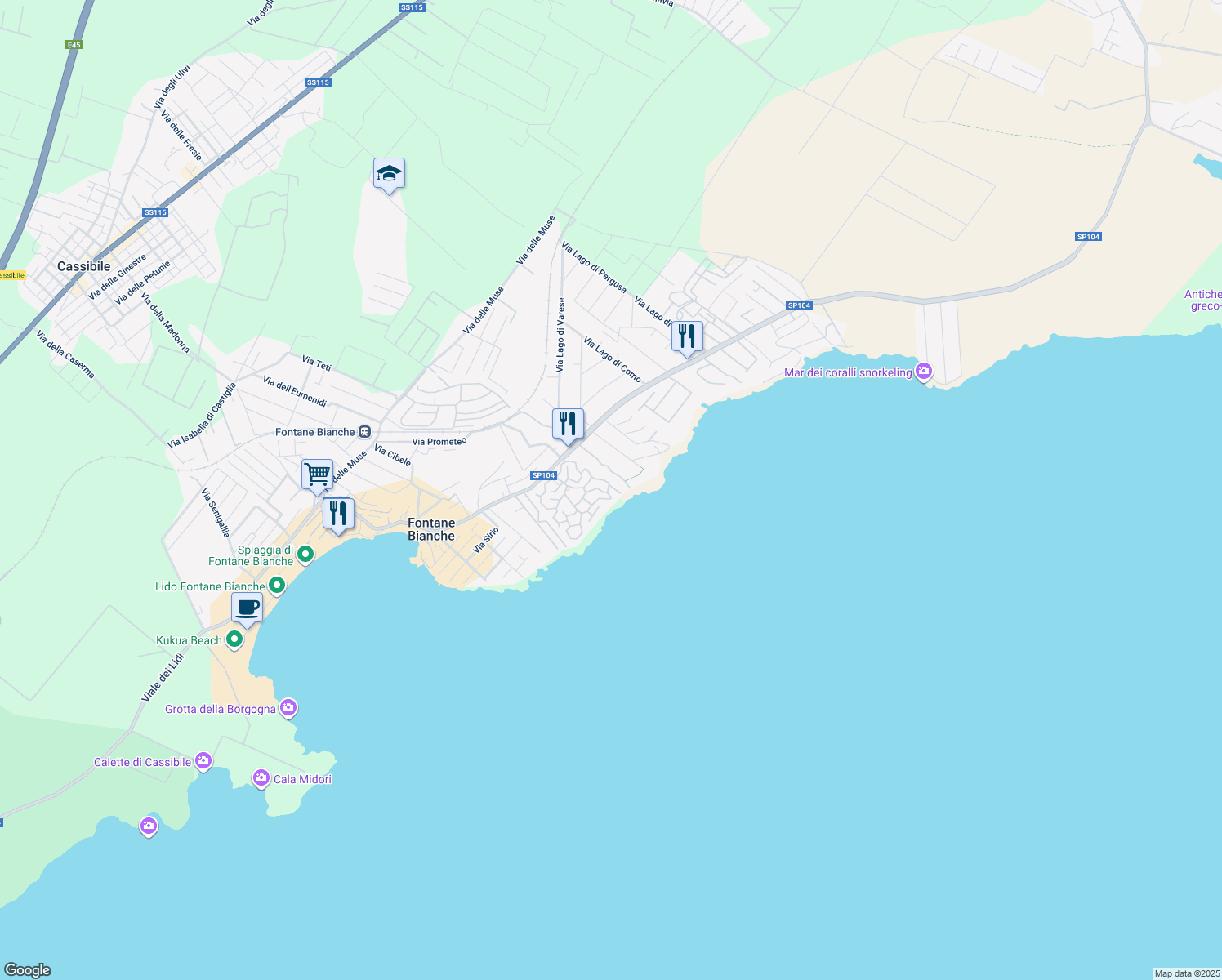 map of restaurants, bars, coffee shops, grocery stores, and more near 433 Viale dei Lidi in Fontane Bianche