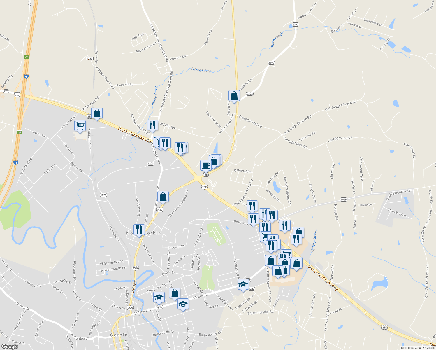 map of restaurants, bars, coffee shops, grocery stores, and more near 101 Cumberland Gap Parkway in Corbin