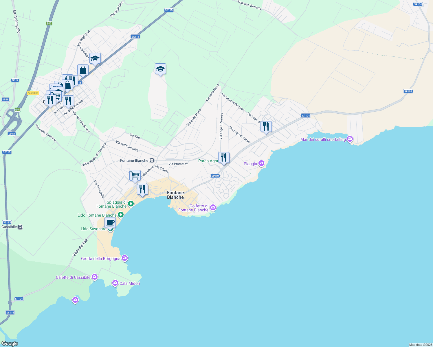 map of restaurants, bars, coffee shops, grocery stores, and more near 354 Viale dei Lidi in Fontane Bianche