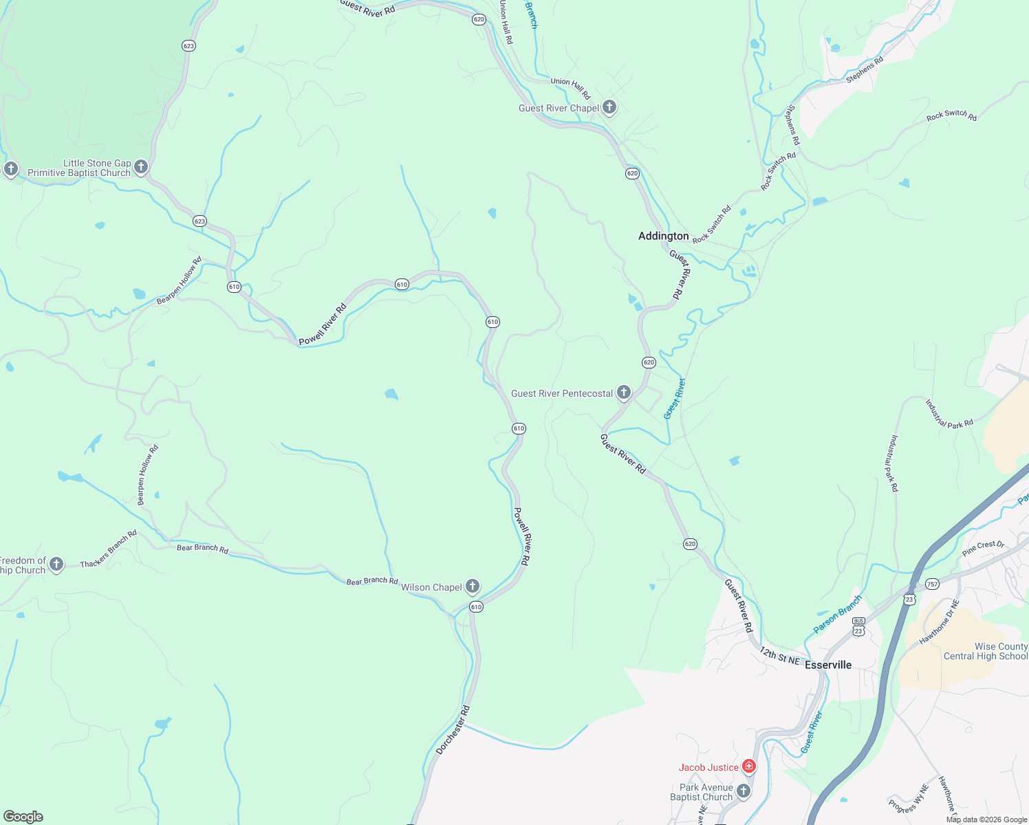 map of restaurants, bars, coffee shops, grocery stores, and more near 5610 Powell River Road in Norton