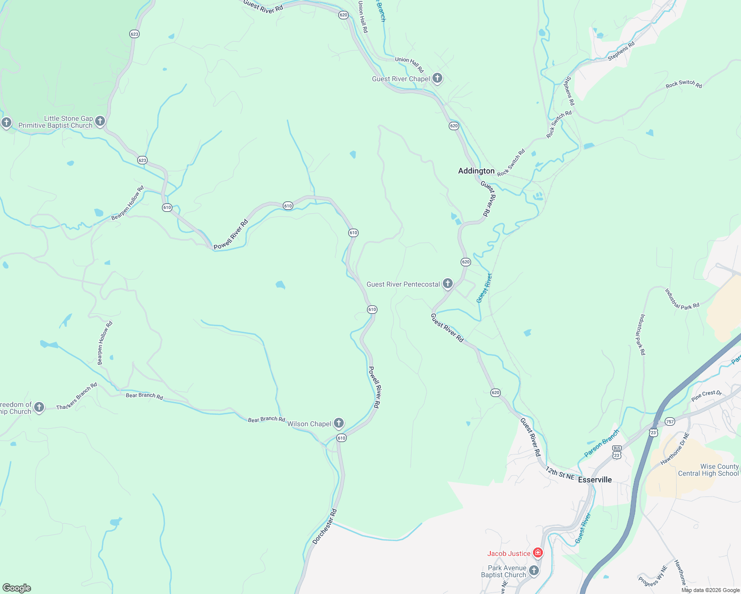 map of restaurants, bars, coffee shops, grocery stores, and more near 5610 Powell River Road in Norton