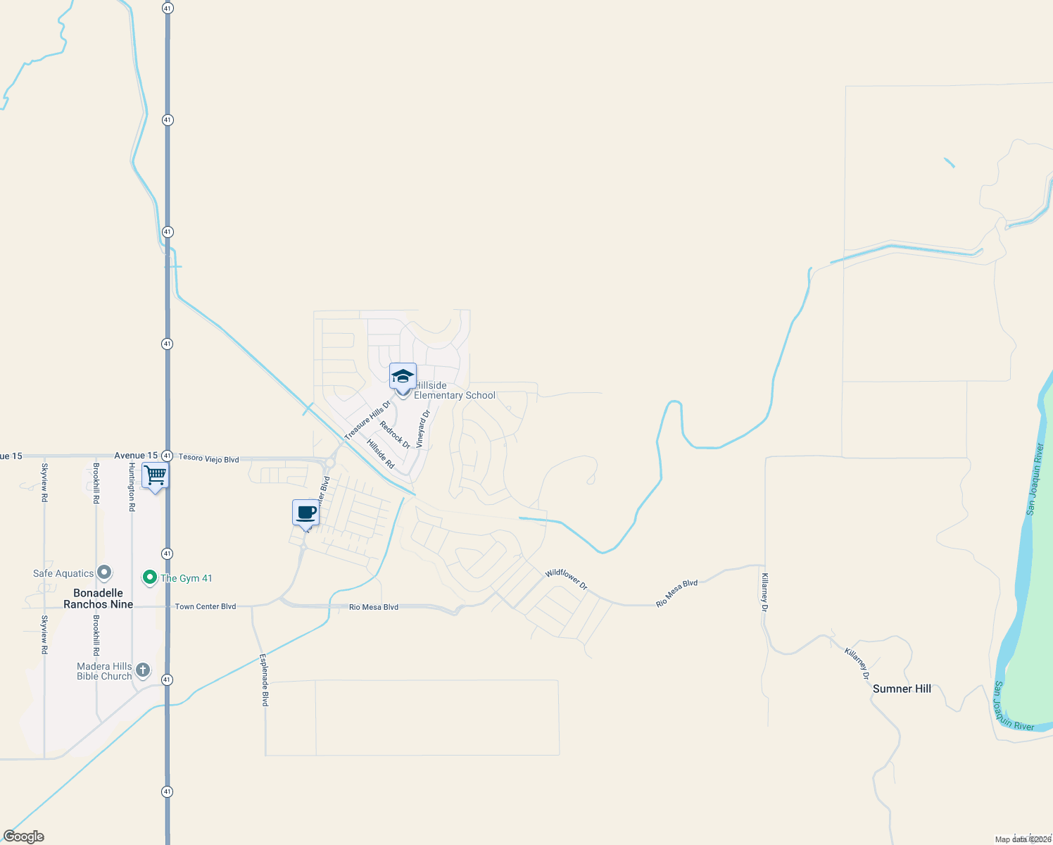 map of restaurants, bars, coffee shops, grocery stores, and more near Silverado Road in Friant