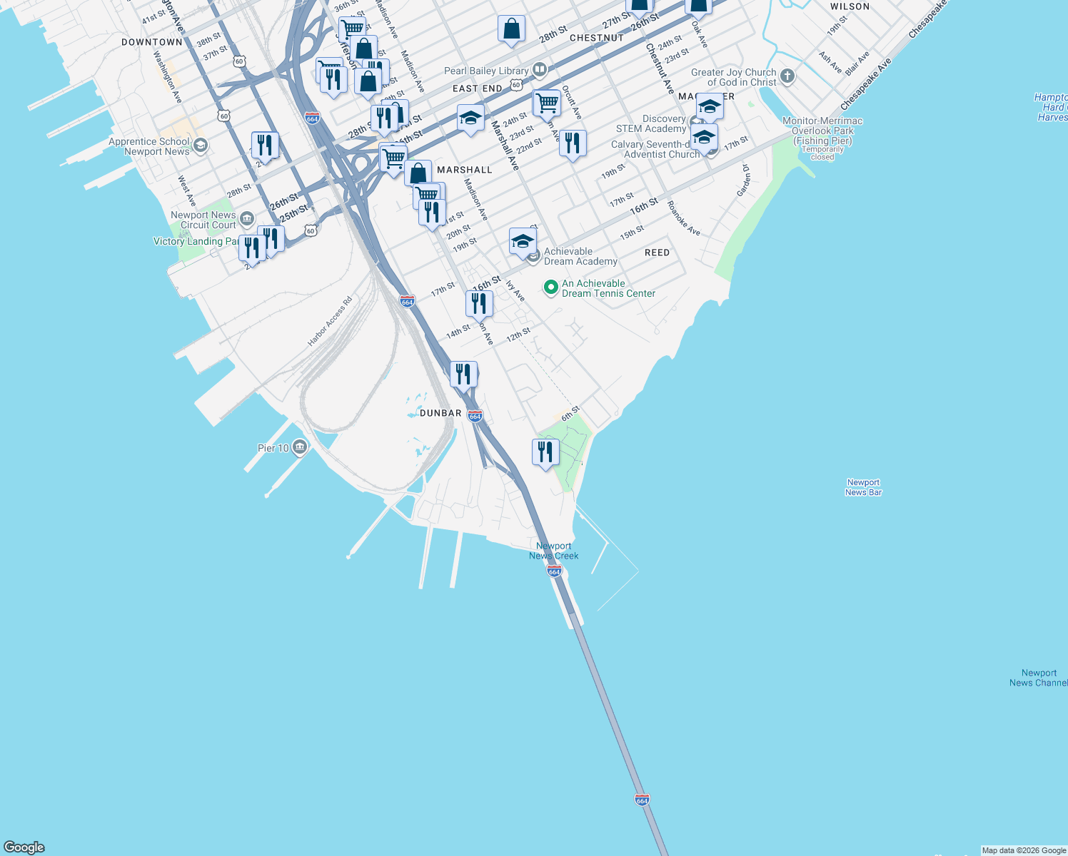 map of restaurants, bars, coffee shops, grocery stores, and more near 640 Jefferson Avenue in Newport News