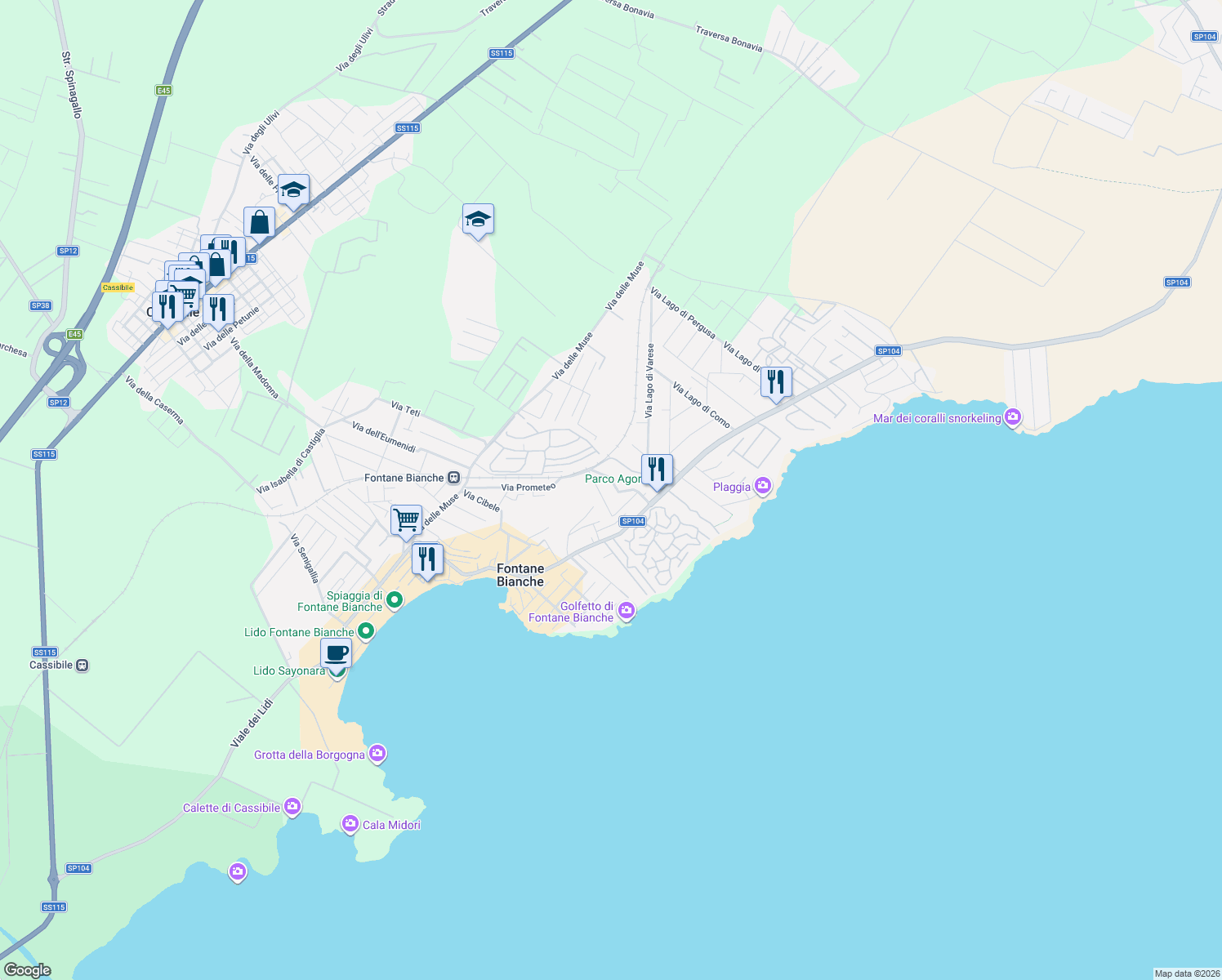 map of restaurants, bars, coffee shops, grocery stores, and more near Via Lago Trasimeno in Fontane Bianche