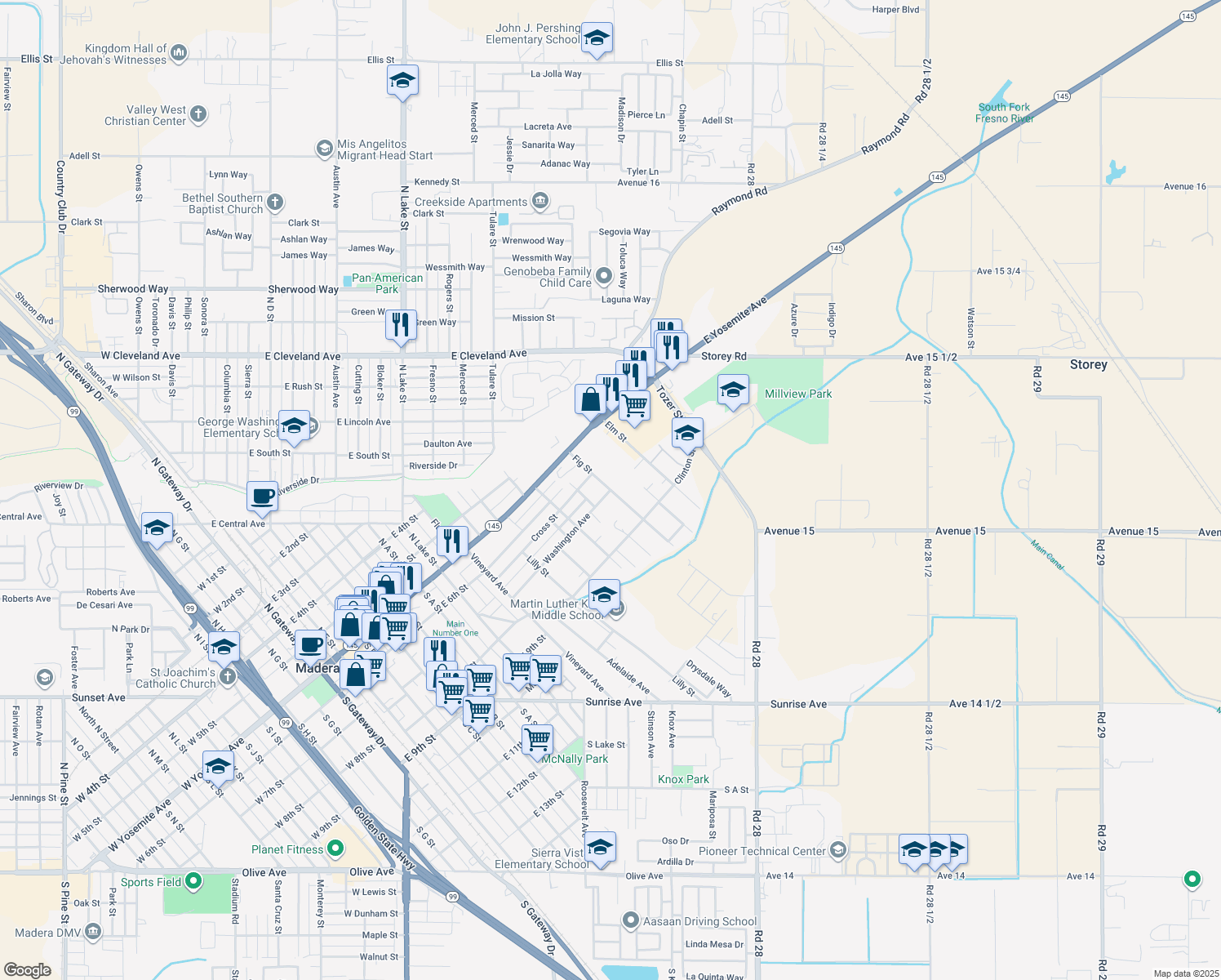 map of restaurants, bars, coffee shops, grocery stores, and more near Fig Street in Madera