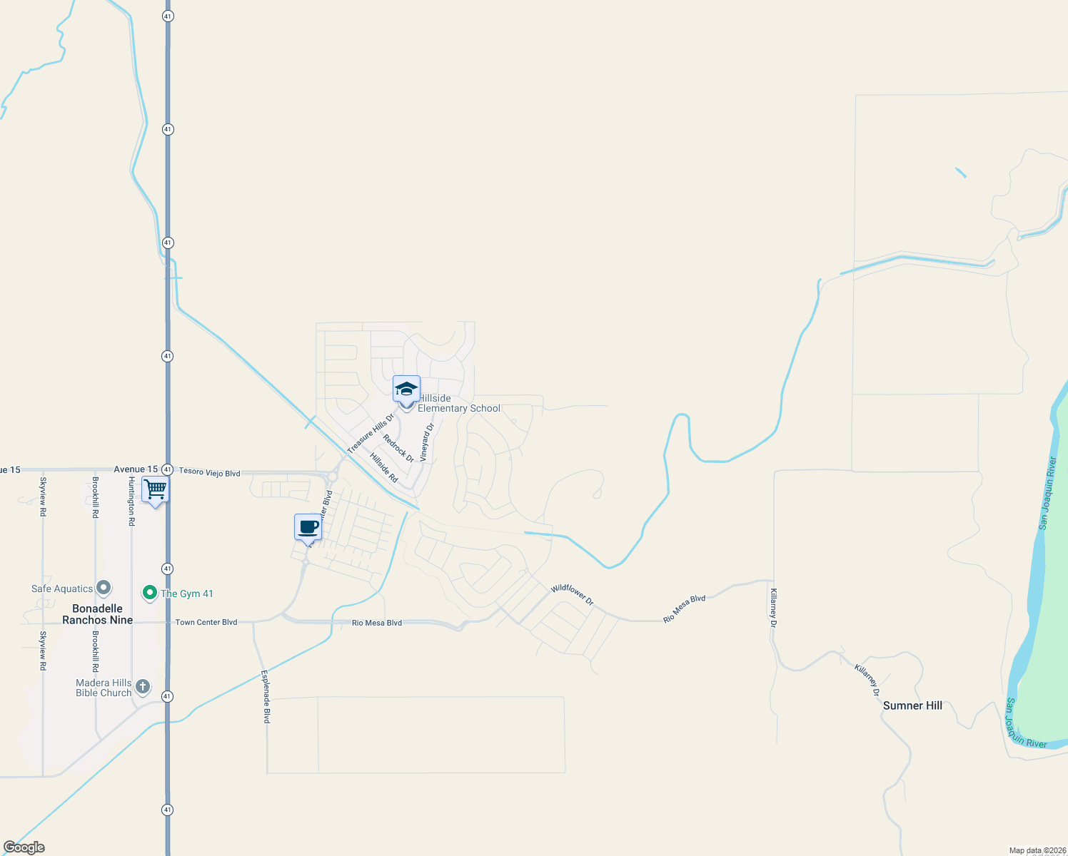 map of restaurants, bars, coffee shops, grocery stores, and more near 4483 Crown Bluffs Drive in Friant