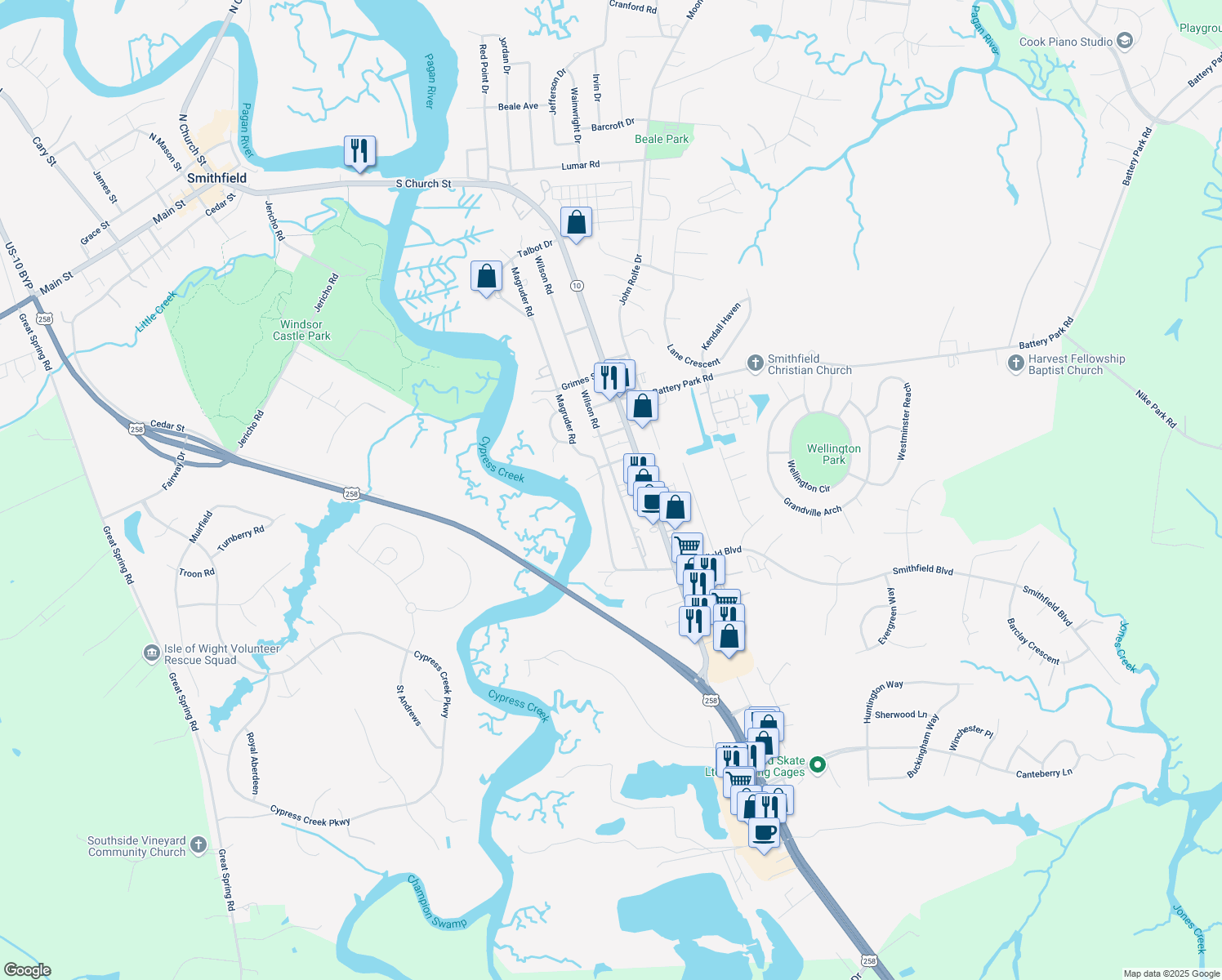 map of restaurants, bars, coffee shops, grocery stores, and more near 1499 Magruder Road in Smithfield