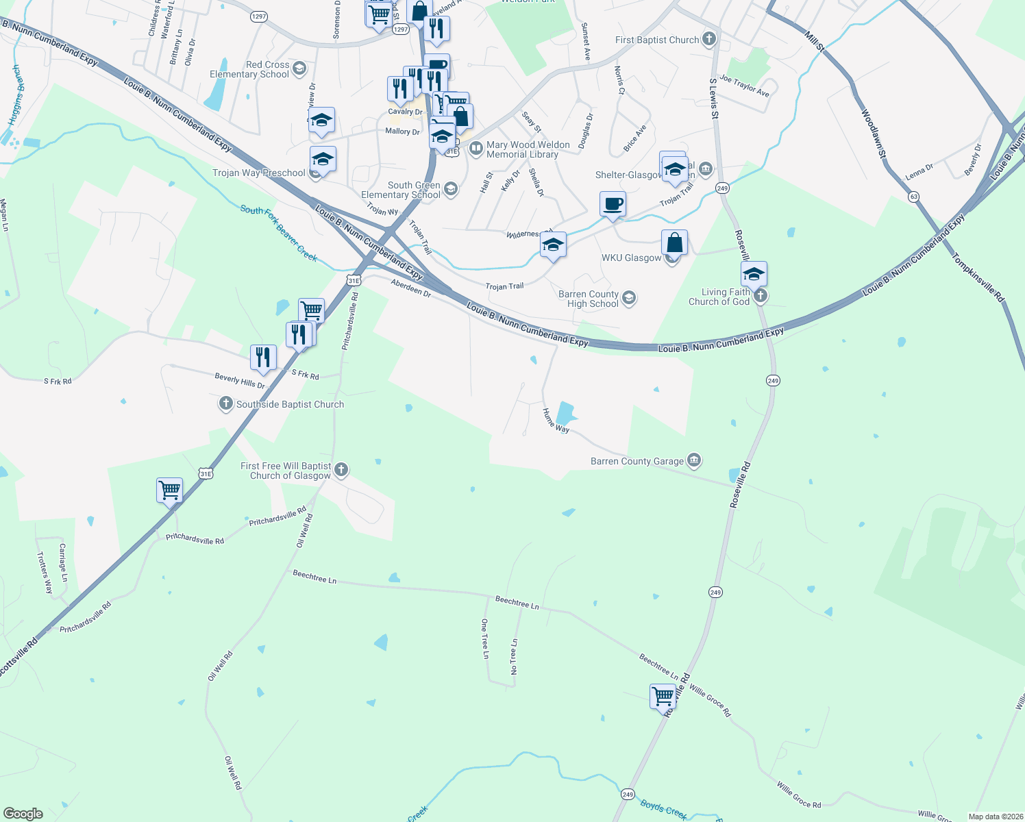 map of restaurants, bars, coffee shops, grocery stores, and more near Sporran Way in Glasgow