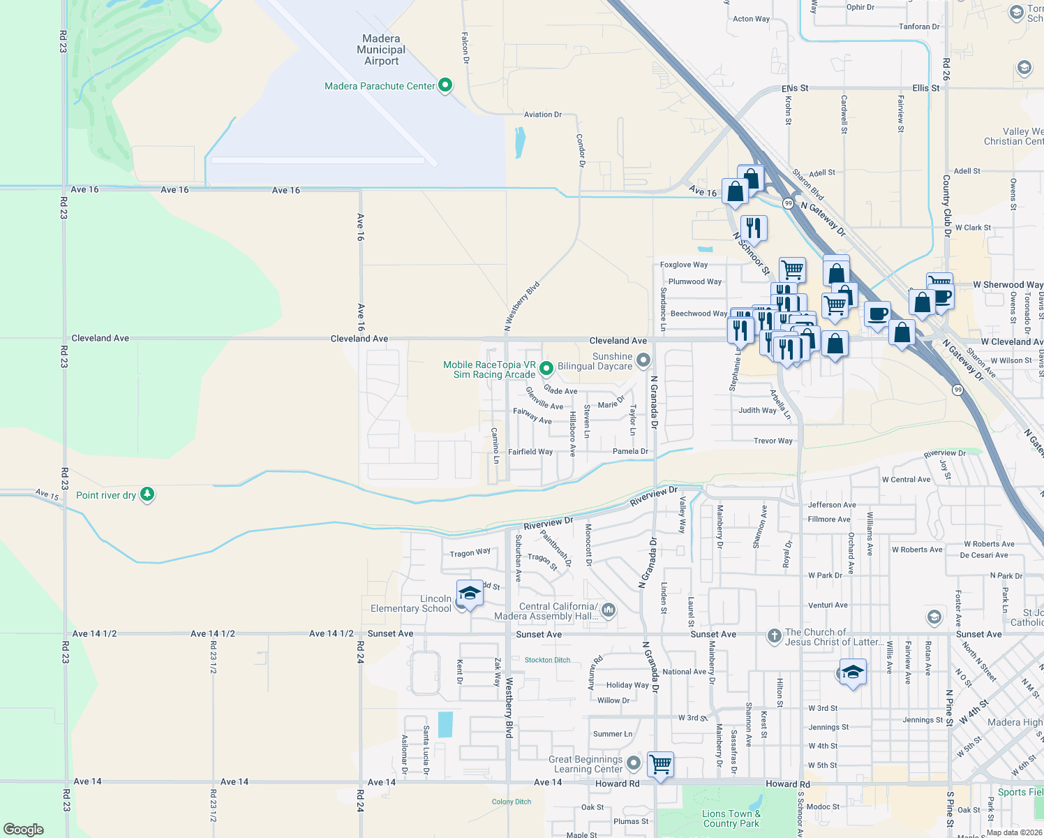 map of restaurants, bars, coffee shops, grocery stores, and more near 1489 Larrete Avenue in Madera
