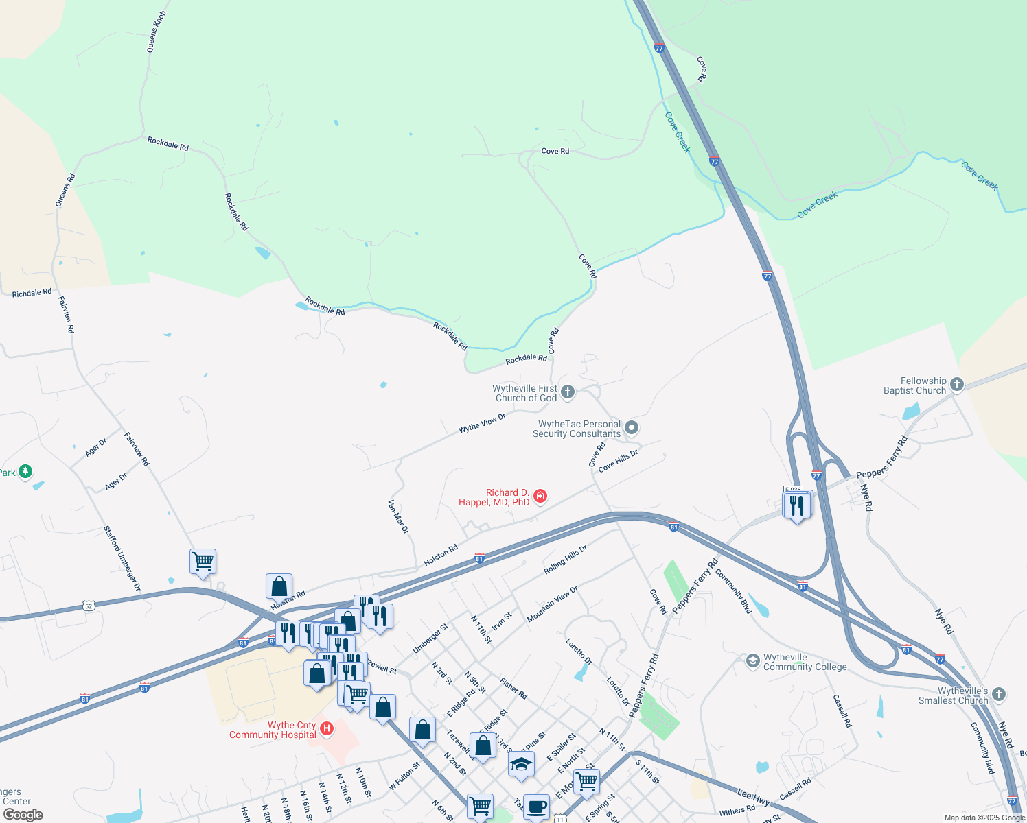 map of restaurants, bars, coffee shops, grocery stores, and more near 680 Wythe View Dr in Wytheville