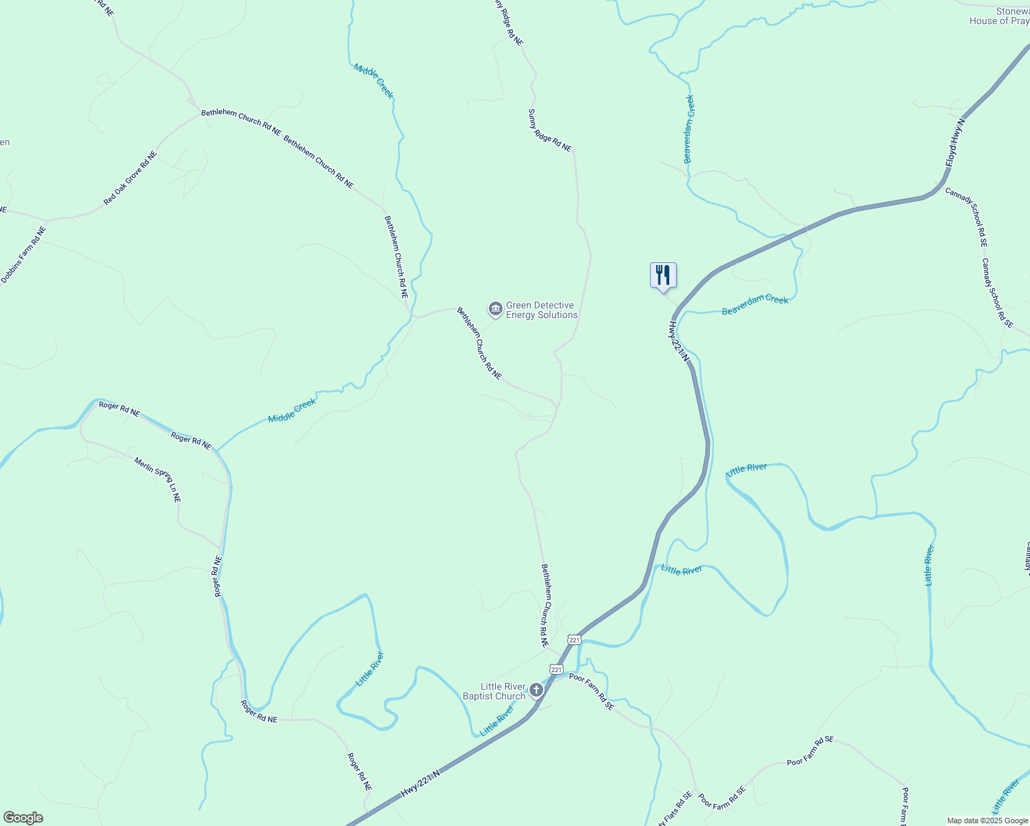 map of restaurants, bars, coffee shops, grocery stores, and more near 582 Bethlehem Church Road Northeast in Floyd
