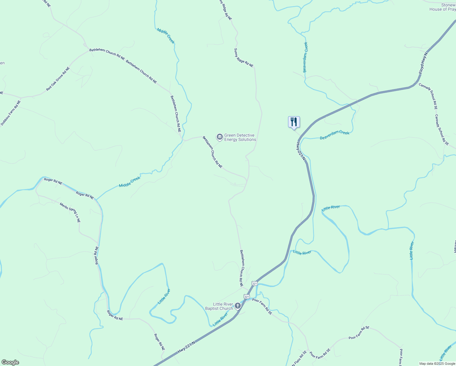 map of restaurants, bars, coffee shops, grocery stores, and more near 582 Bethlehem Church Road Northeast in Floyd