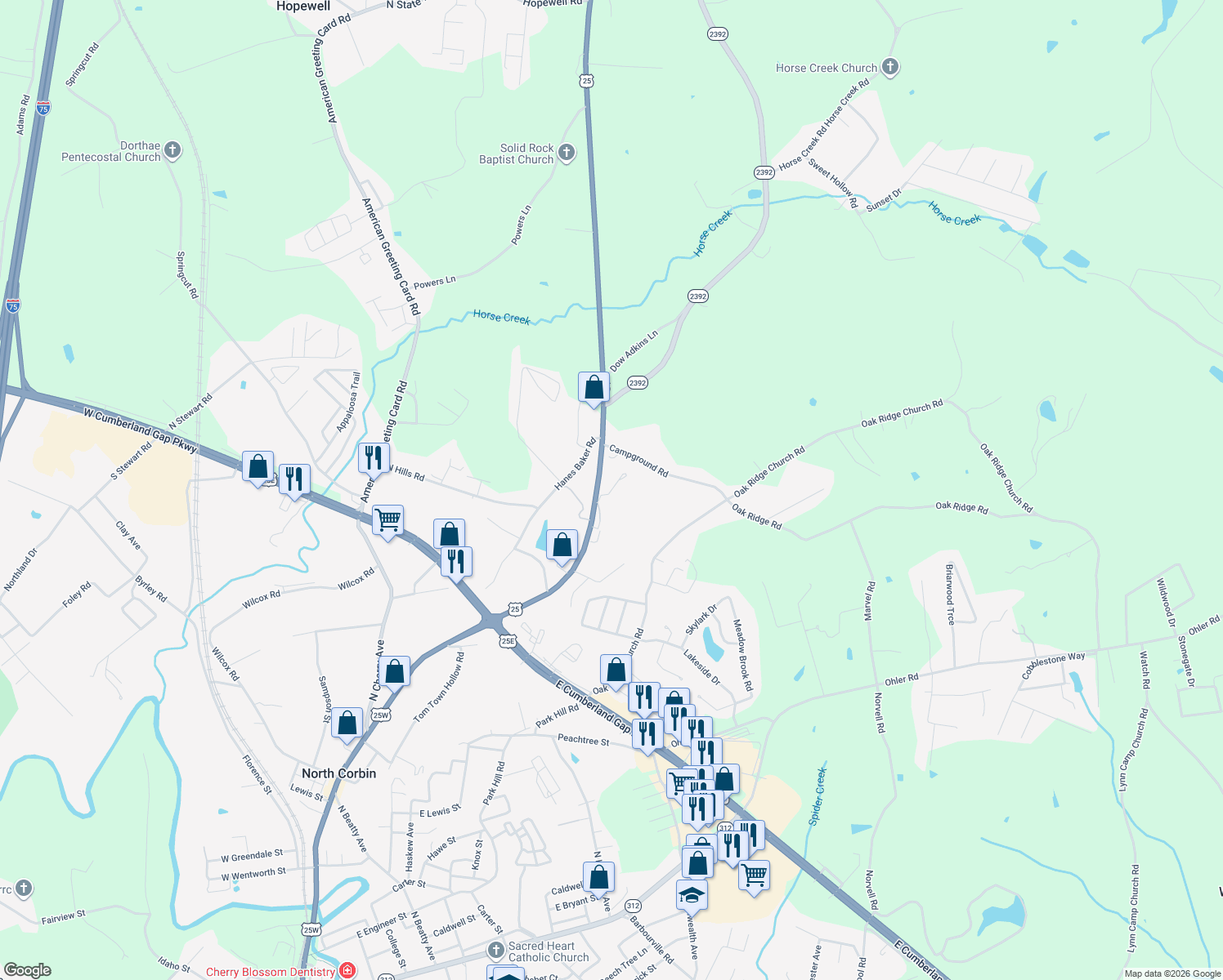 map of restaurants, bars, coffee shops, grocery stores, and more near Hutton Lane in Corbin