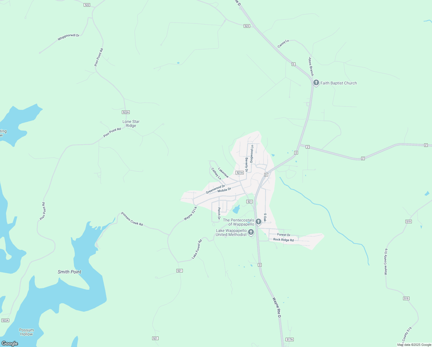 map of restaurants, bars, coffee shops, grocery stores, and more near Cathey Lane in Wayne County