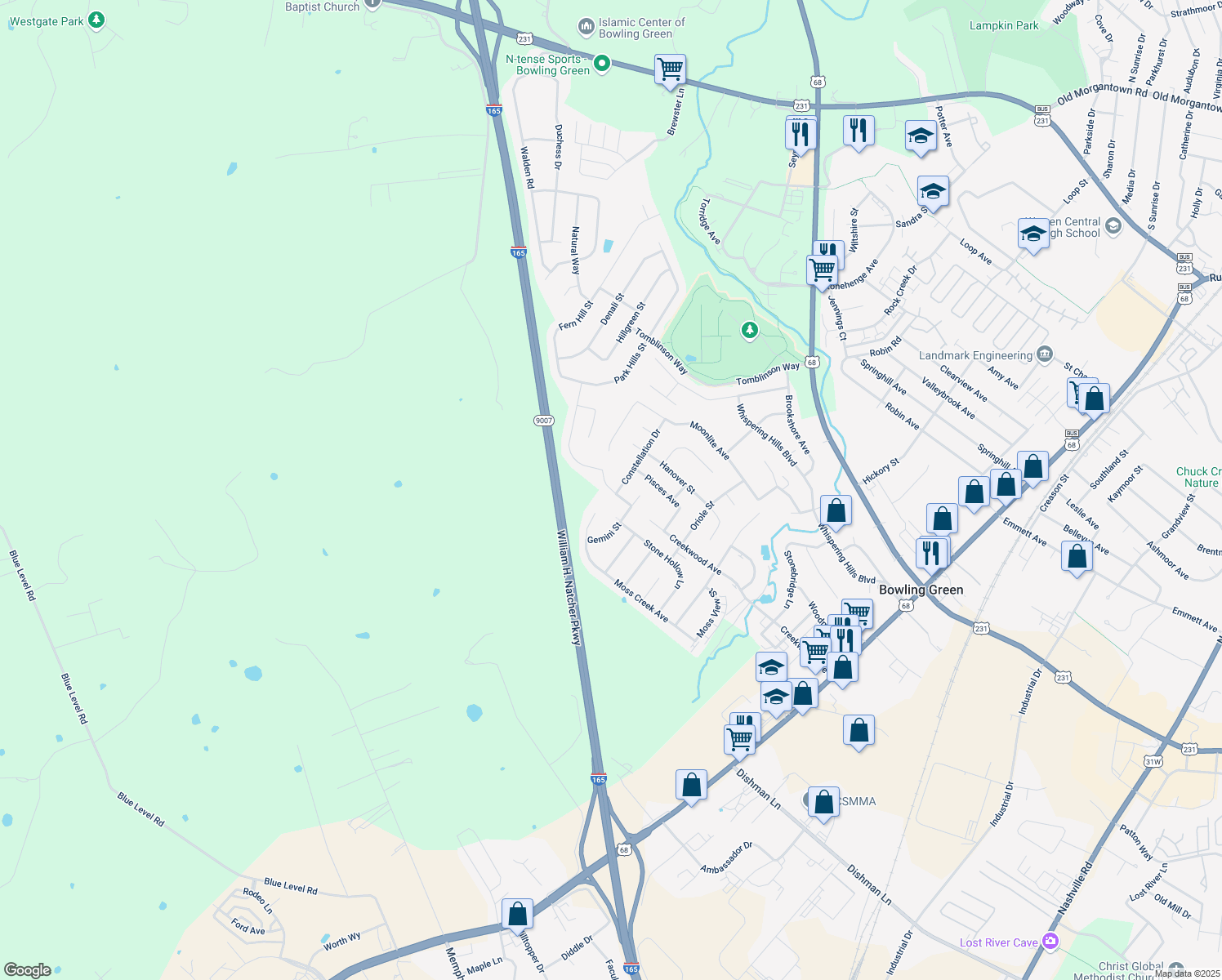 map of restaurants, bars, coffee shops, grocery stores, and more near Sagitarius Avenue in Bowling Green
